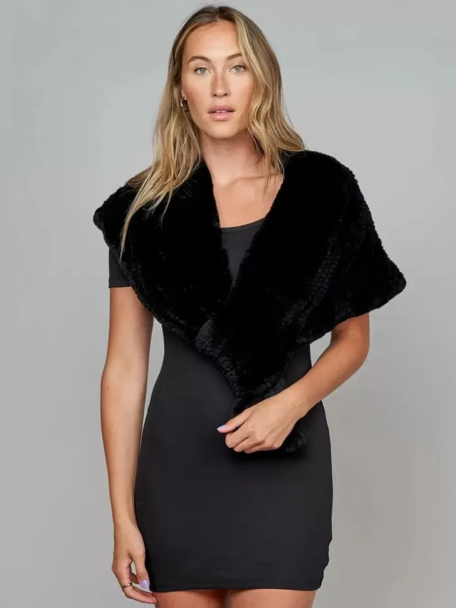 2025 Women's Knit Rex Rabbit Faux Fur Wedding Shawl in Black