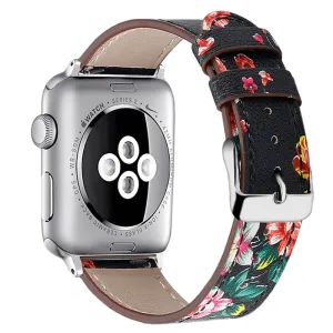Apple Watch (45mm) top layer cowhide genuine leather watch strap - Black / Red Flower