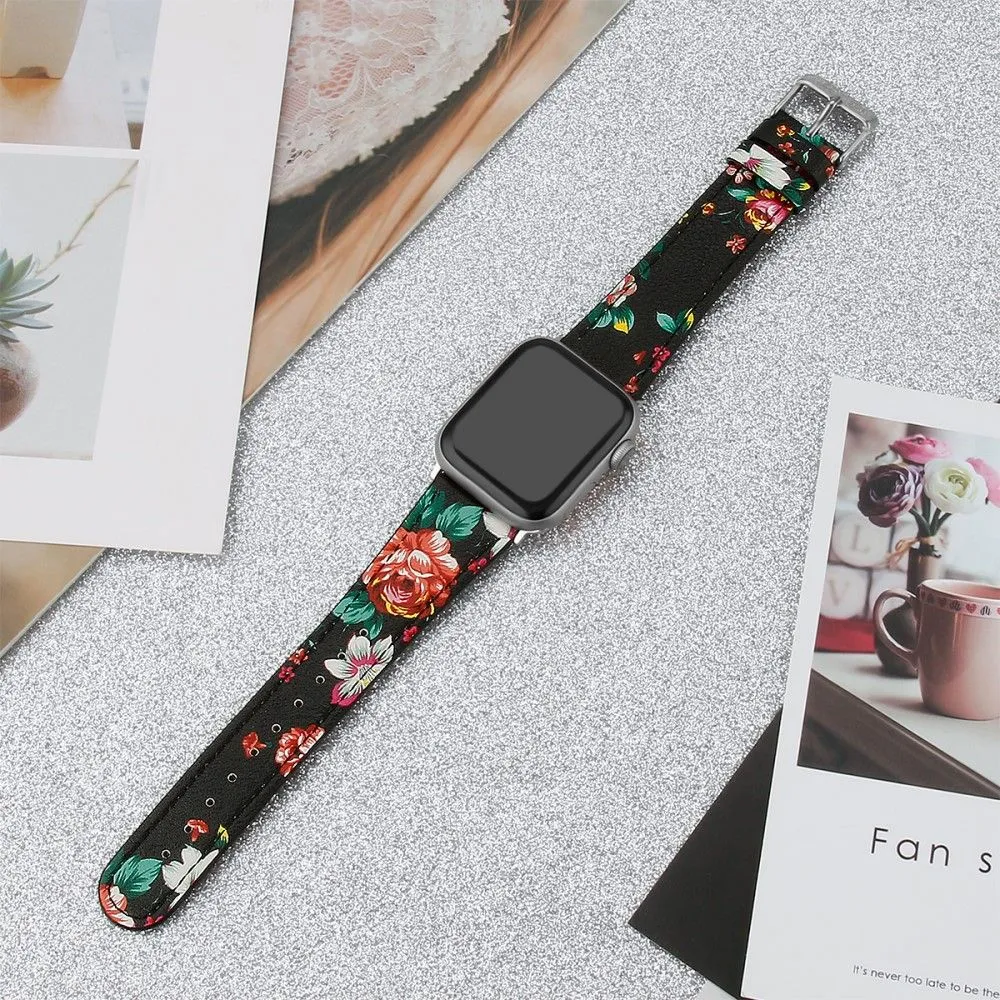 Apple Watch (45mm) top layer cowhide genuine leather watch strap - Black / Red Flower