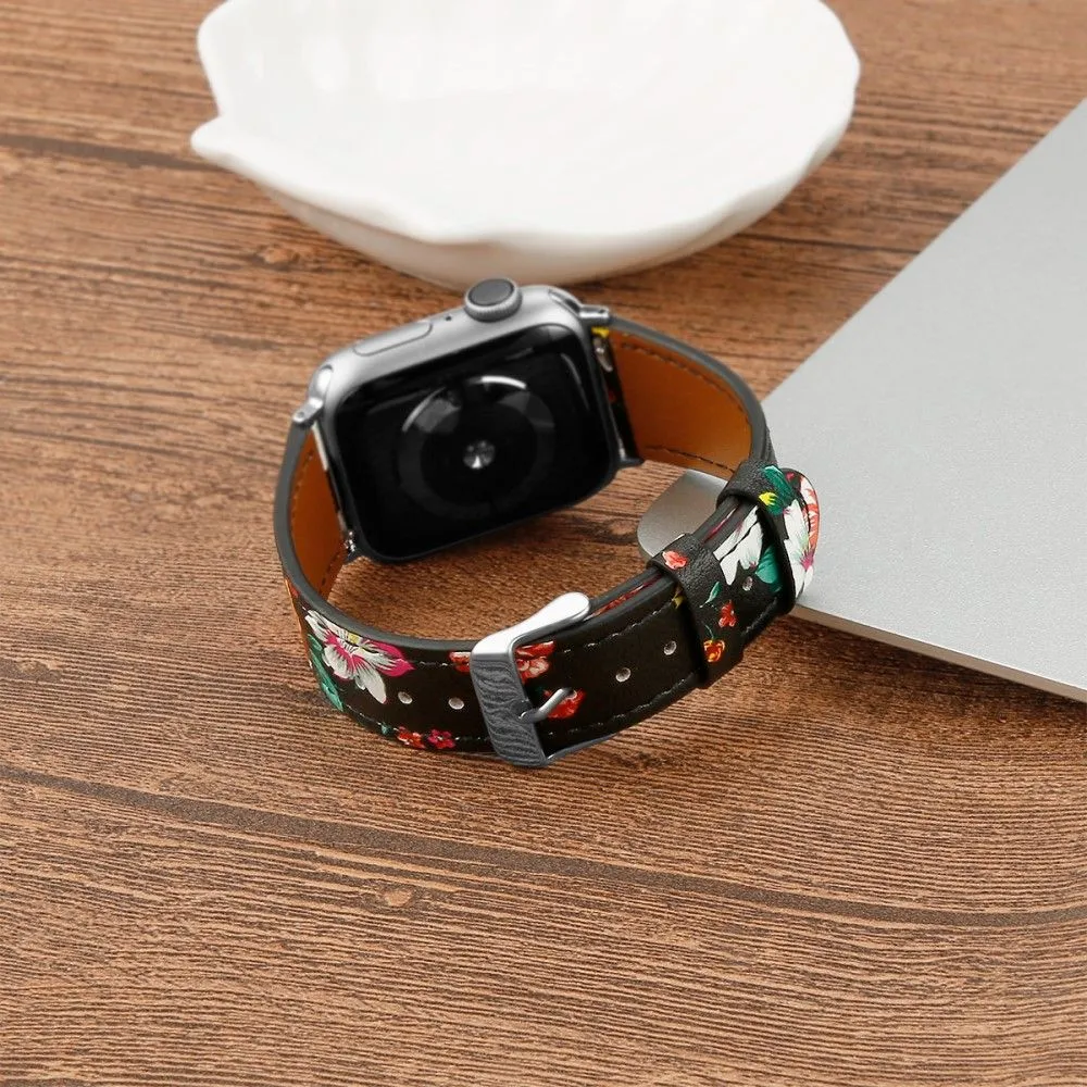 Apple Watch (45mm) top layer cowhide genuine leather watch strap - Black / Red Flower