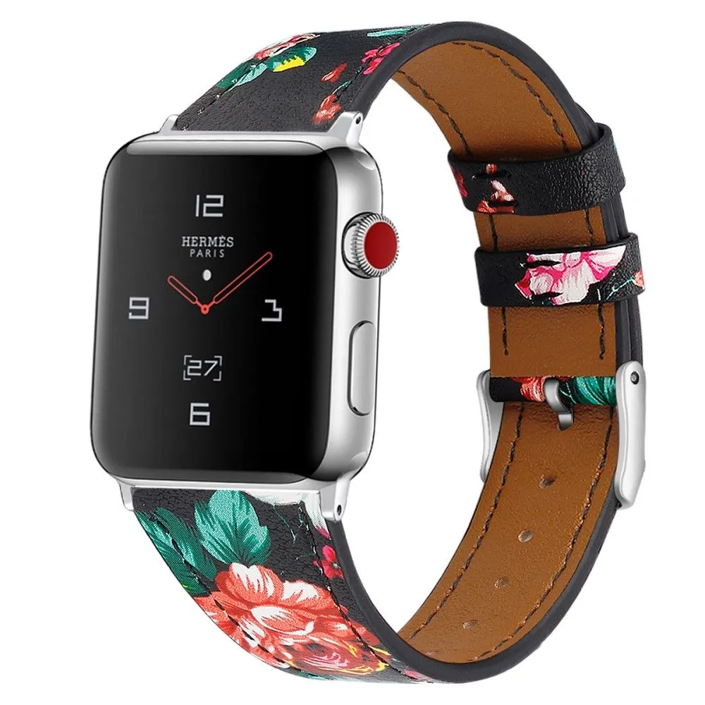 Apple Watch (45mm) top layer cowhide genuine leather watch strap - Black / Red Flower