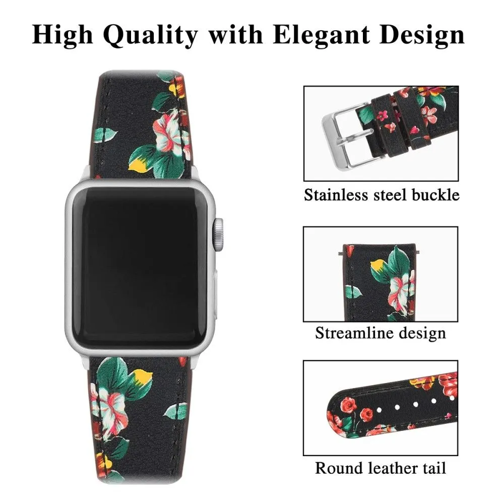 Apple Watch (45mm) top layer cowhide genuine leather watch strap - Black / Red Flower