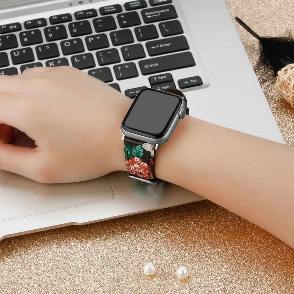 Apple Watch (45mm) top layer cowhide genuine leather watch strap - Black / Red Flower