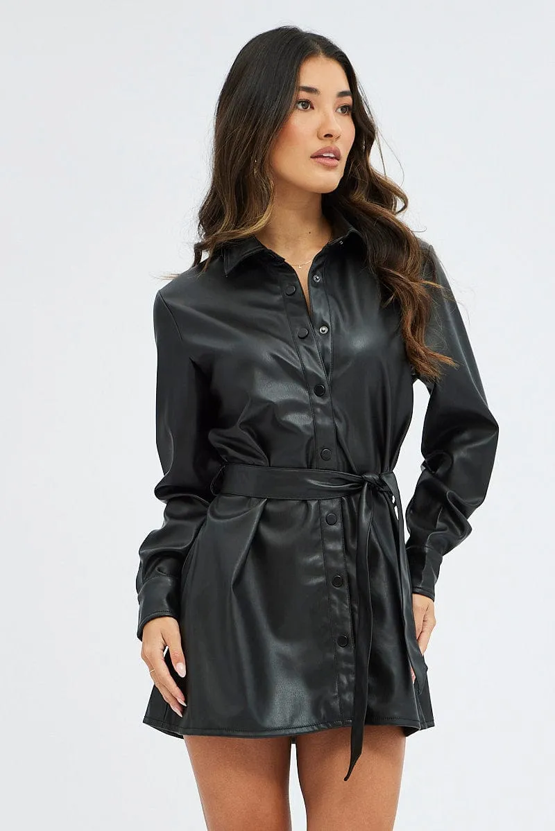 Black Faux Leather Dress Long Sleeve Collared Belted PU