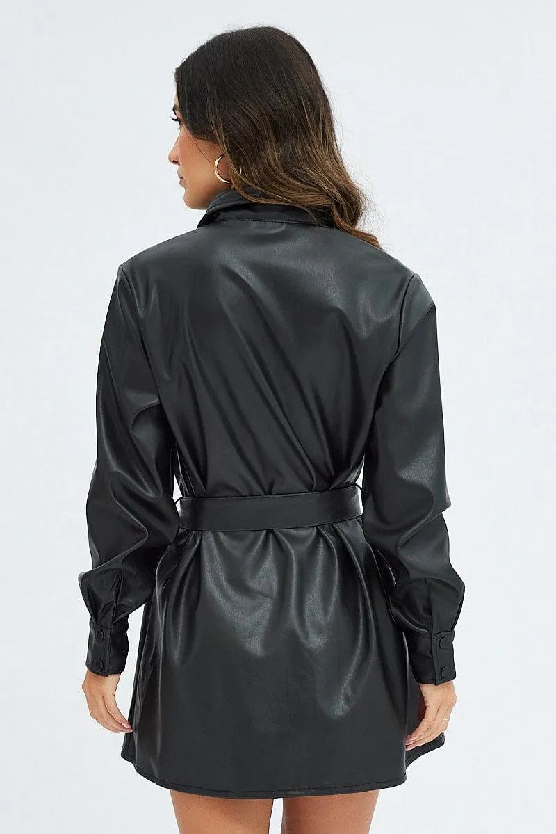 Black Faux Leather Dress Long Sleeve Collared Belted PU