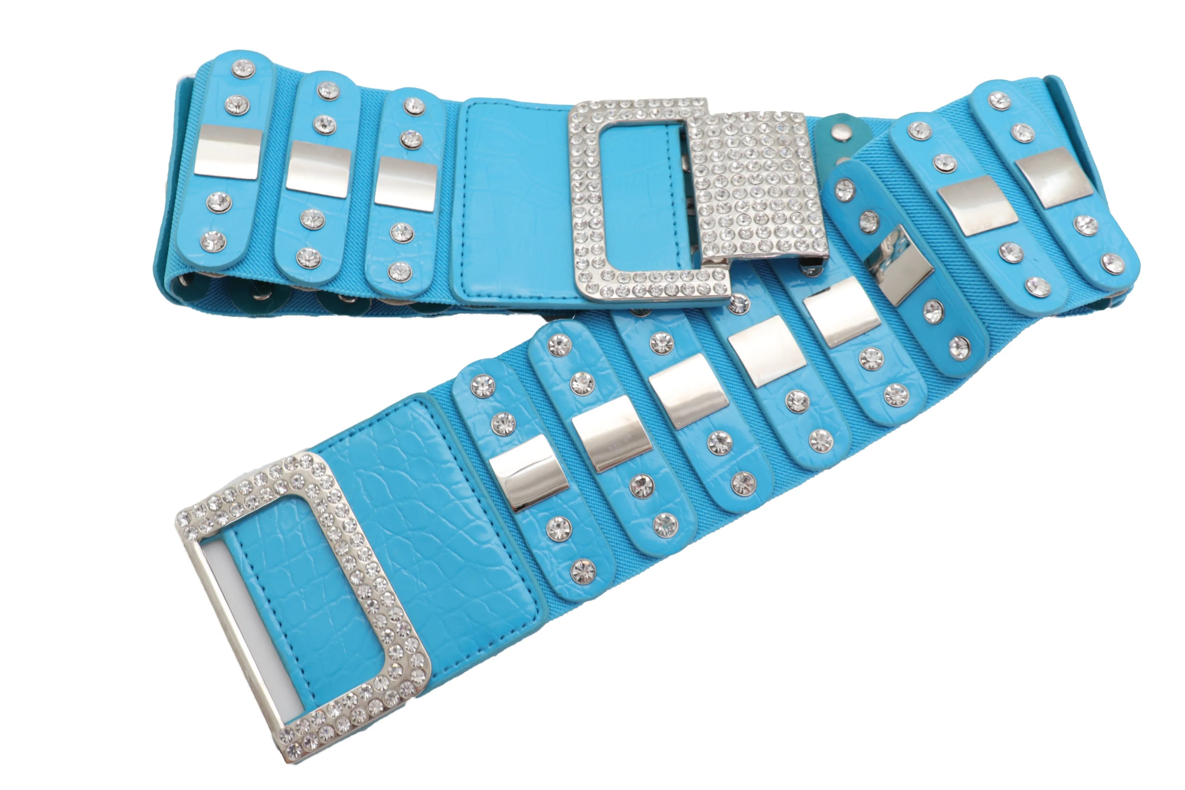 Blue Elastic Waistband Fashion Silver Metal Square Buckle Belt M L