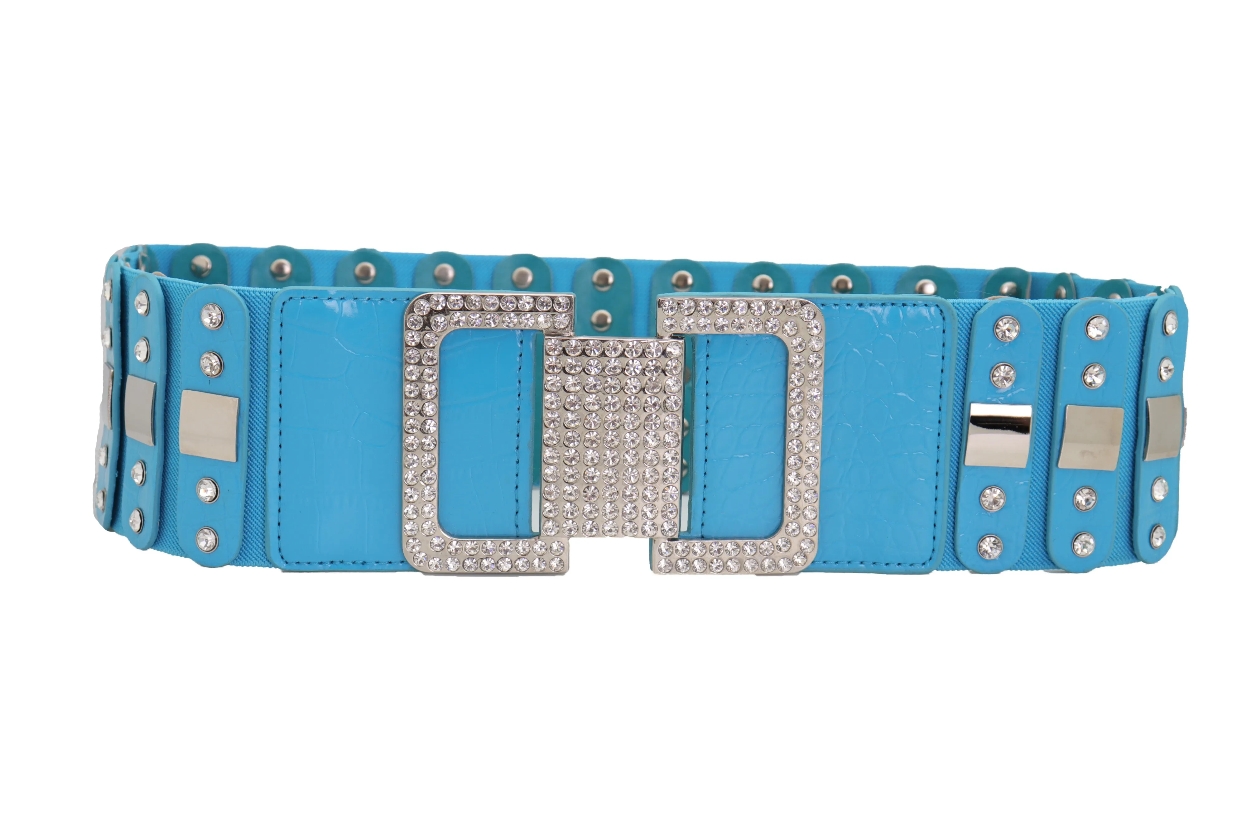 Blue Elastic Waistband Fashion Silver Metal Square Buckle Belt M L