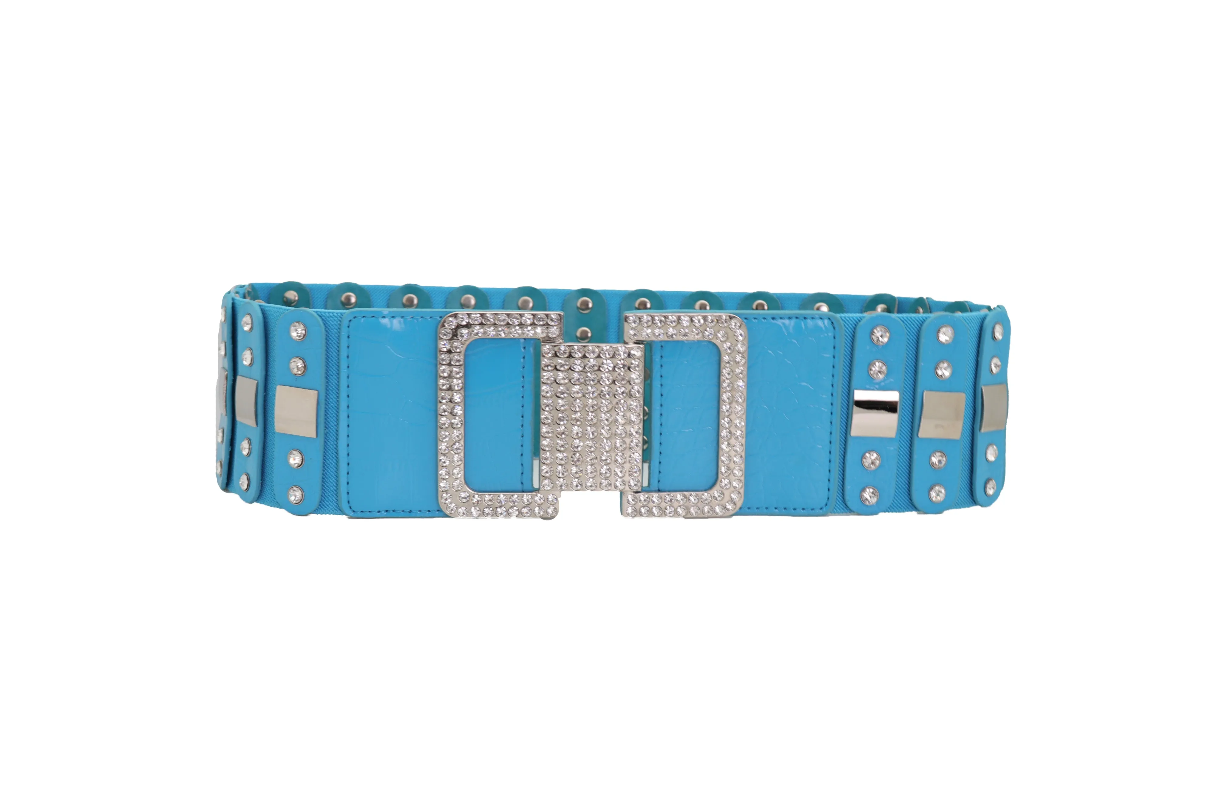 Blue Elastic Waistband Fashion Silver Metal Square Buckle Belt M L