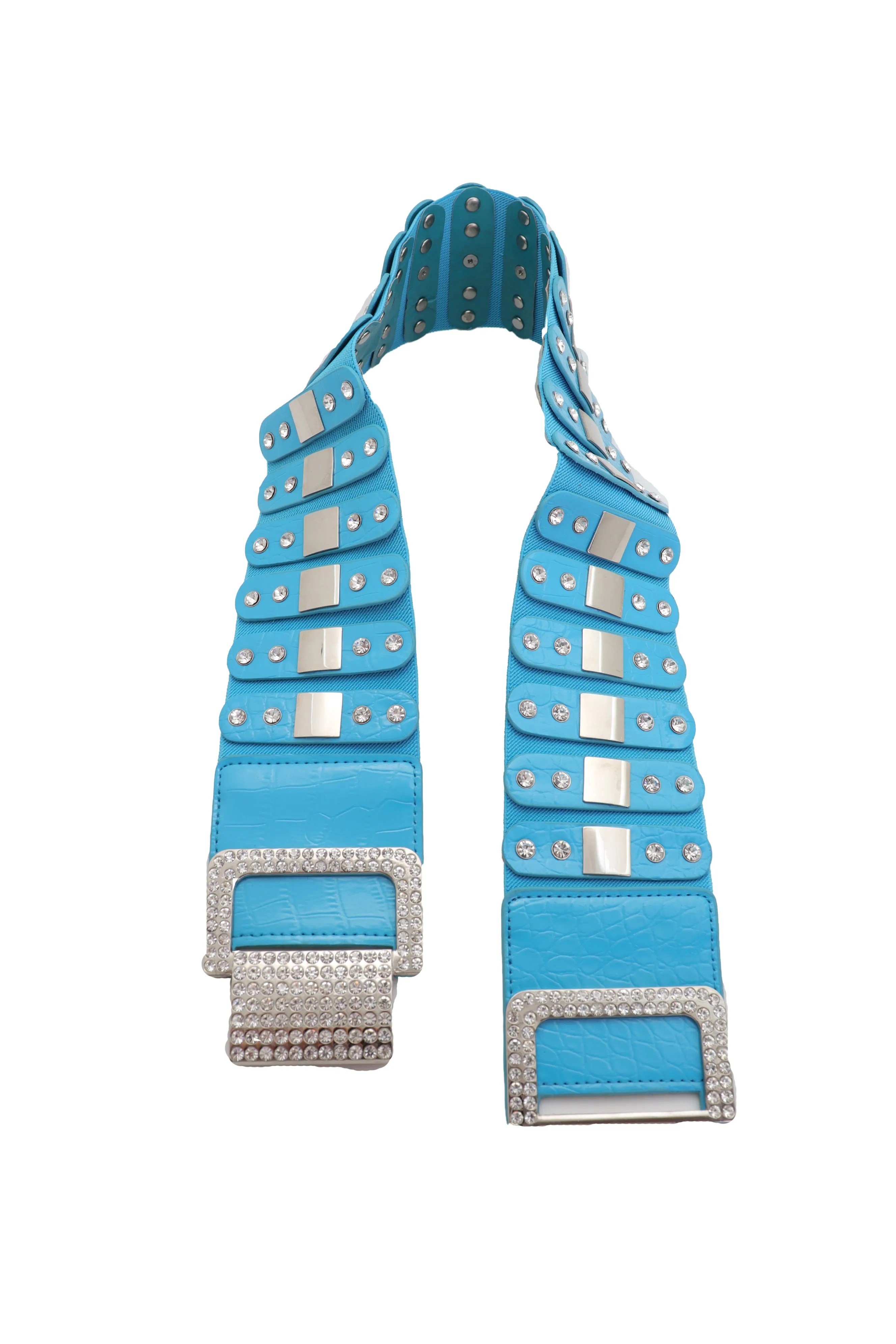 Blue Elastic Waistband Fashion Silver Metal Square Buckle Belt M L