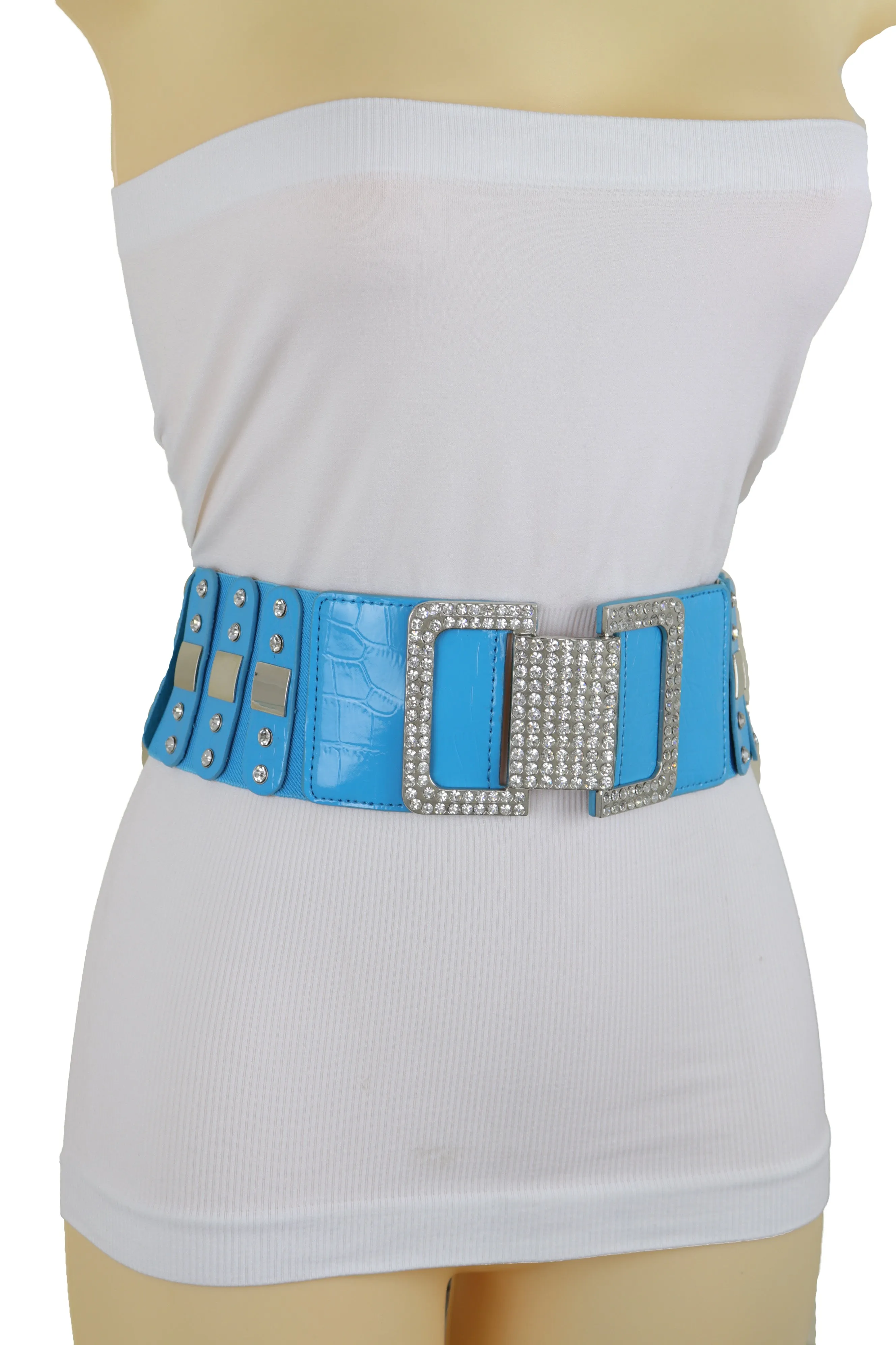 Blue Elastic Waistband Fashion Silver Metal Square Buckle Belt M L