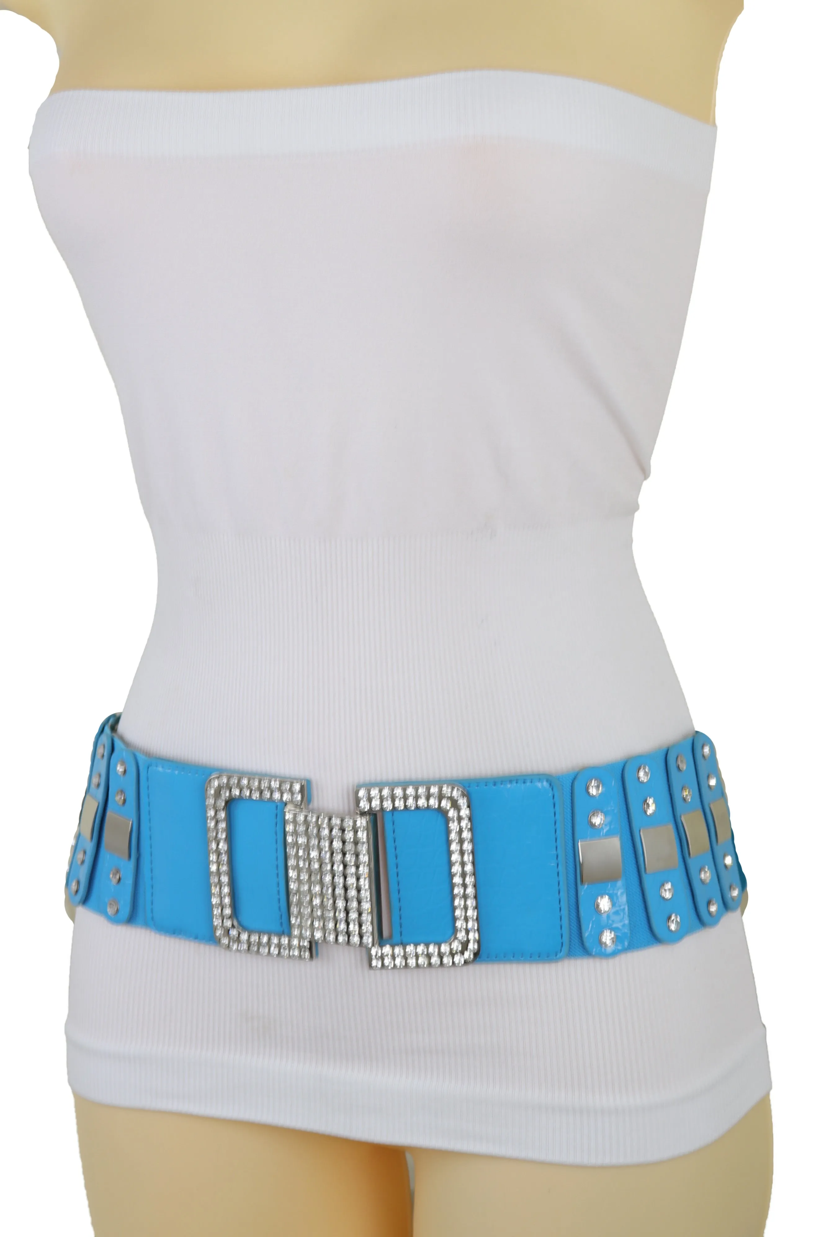 Blue Elastic Waistband Fashion Silver Metal Square Buckle Belt M L