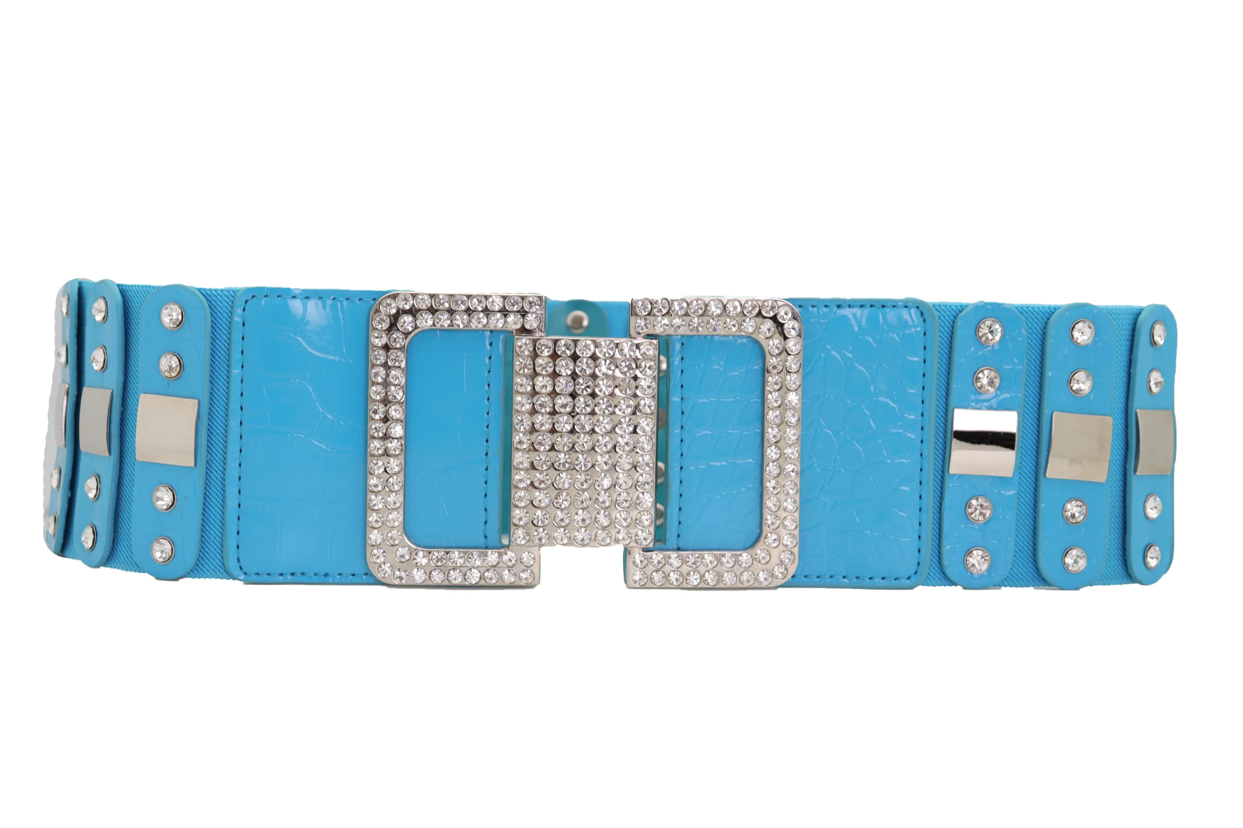 Blue Elastic Waistband Fashion Silver Metal Square Buckle Belt M L