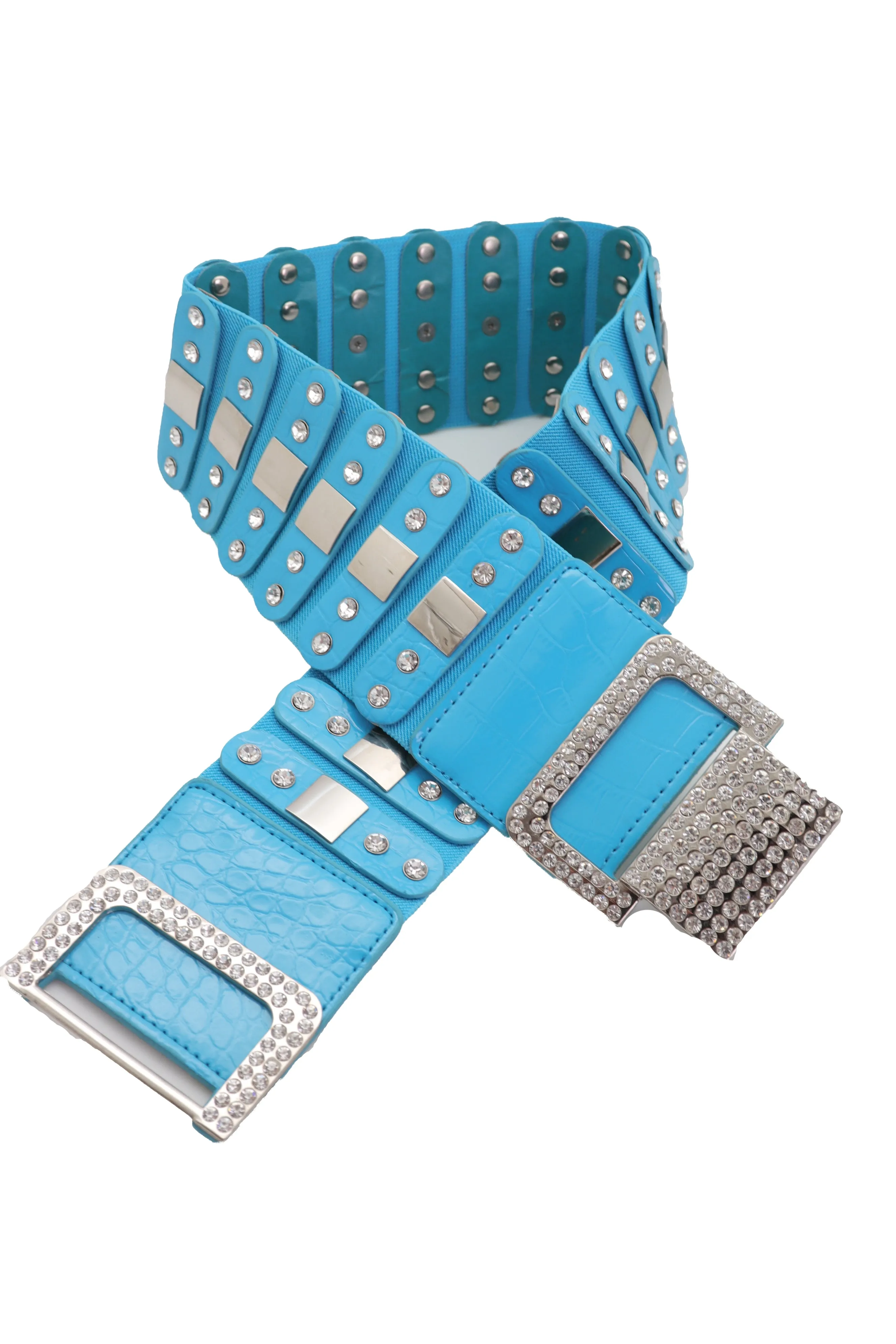 Blue Elastic Waistband Fashion Silver Metal Square Buckle Belt M L