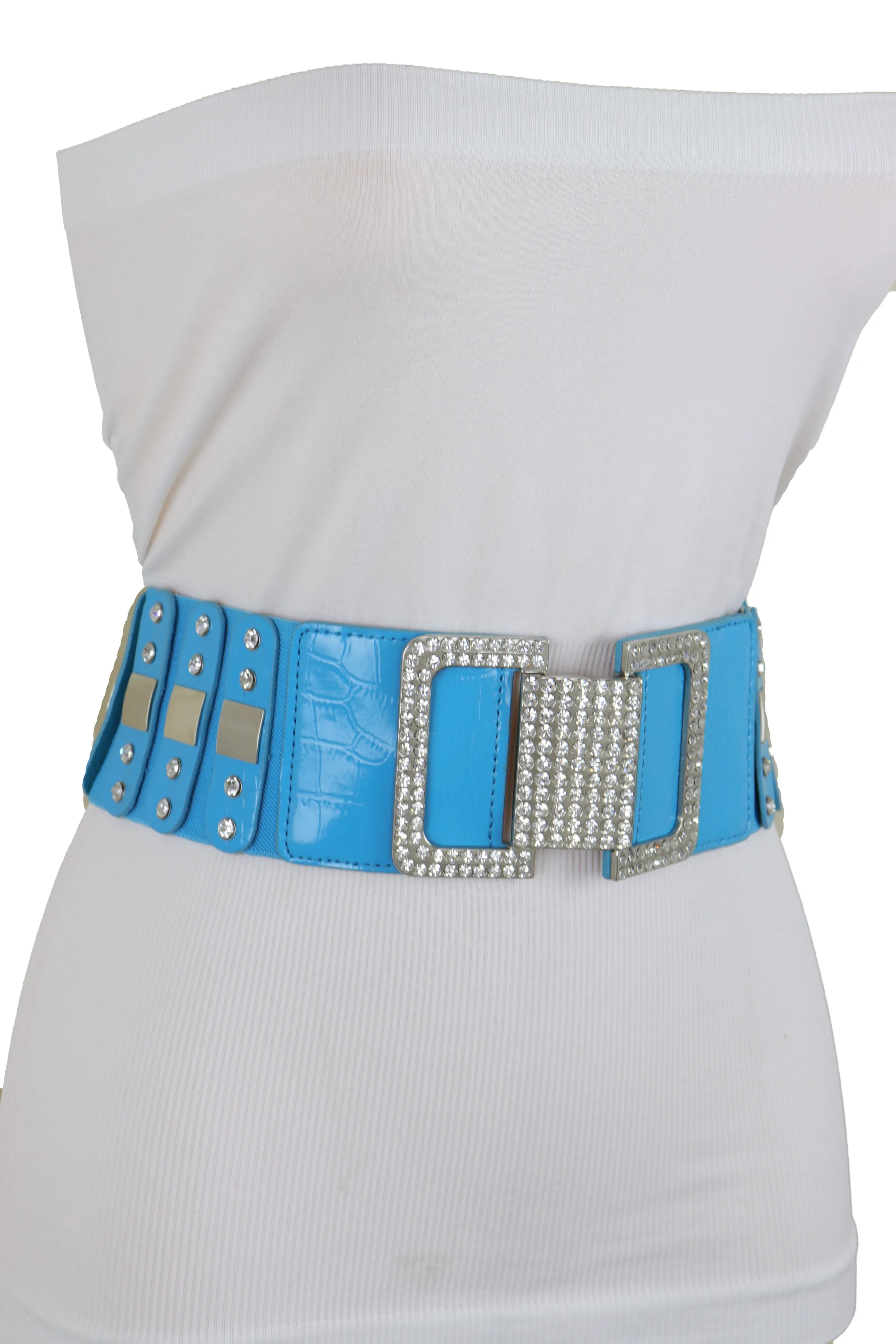 Blue Elastic Waistband Fashion Silver Metal Square Buckle Belt M L