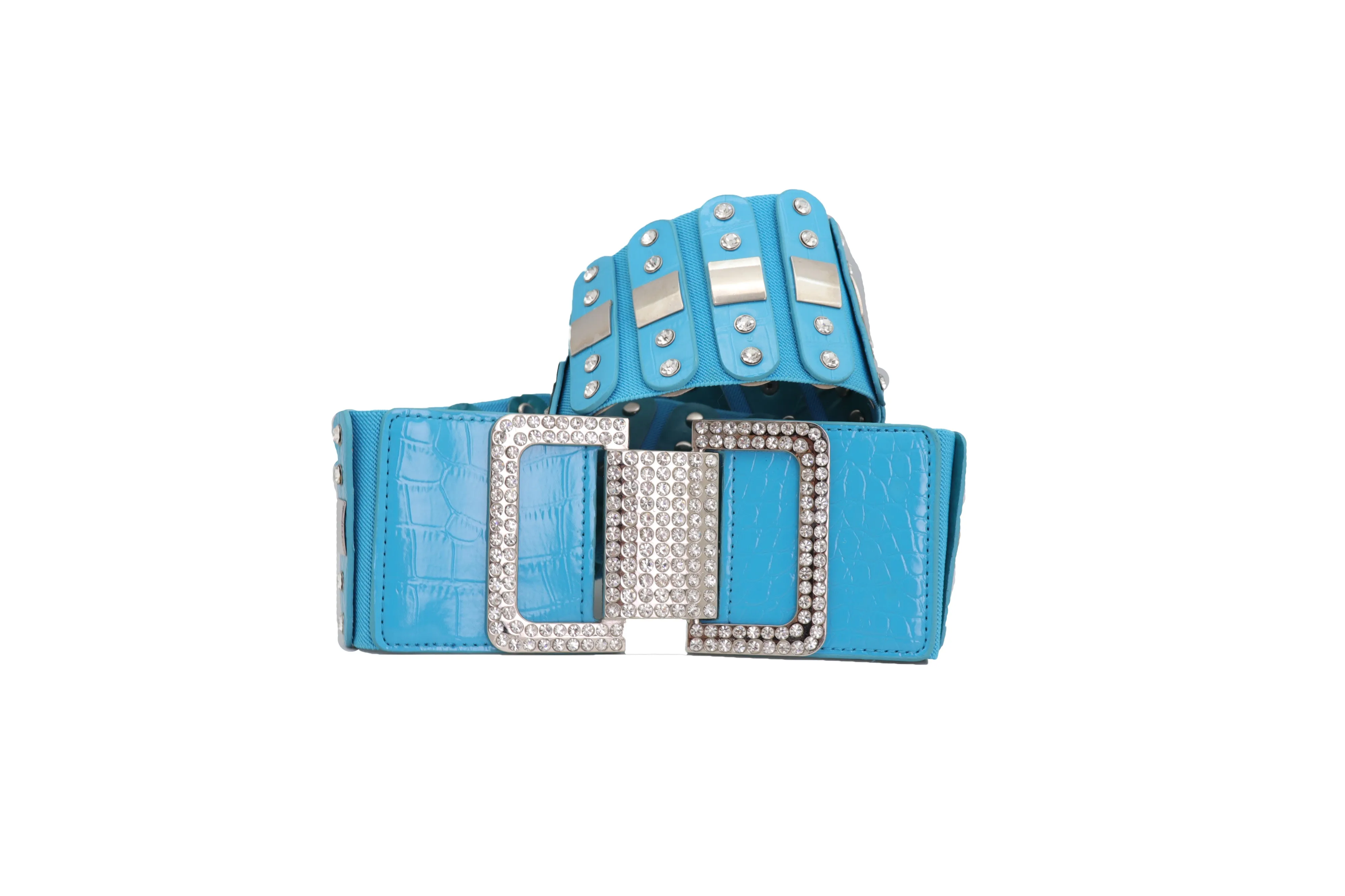 Blue Elastic Waistband Fashion Silver Metal Square Buckle Belt M L