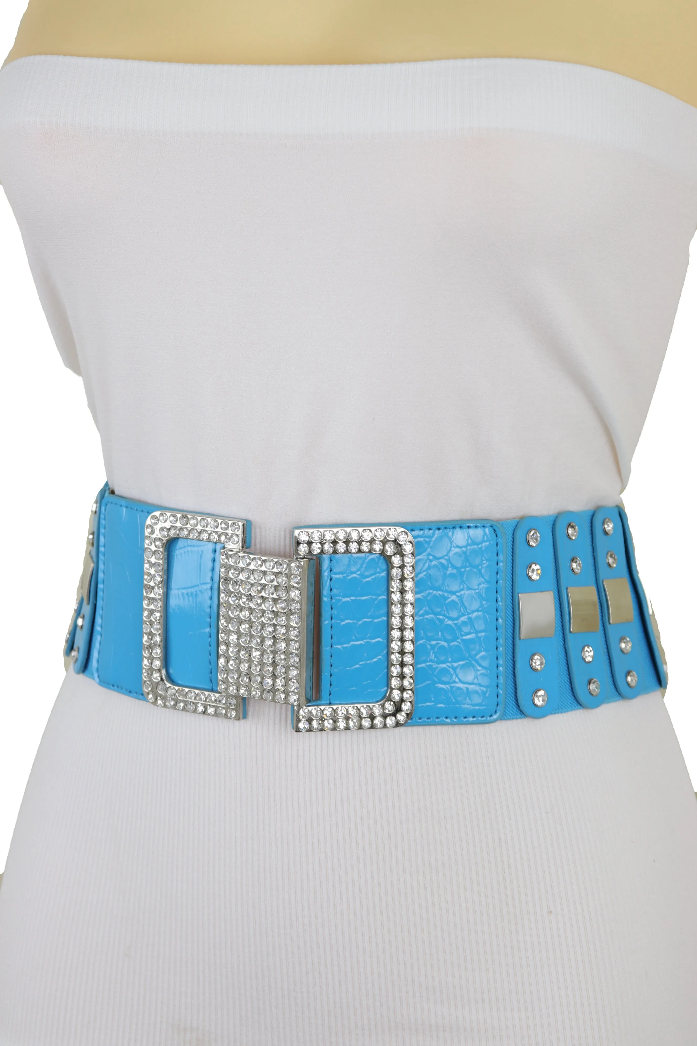 Blue Elastic Waistband Fashion Silver Metal Square Buckle Belt M L