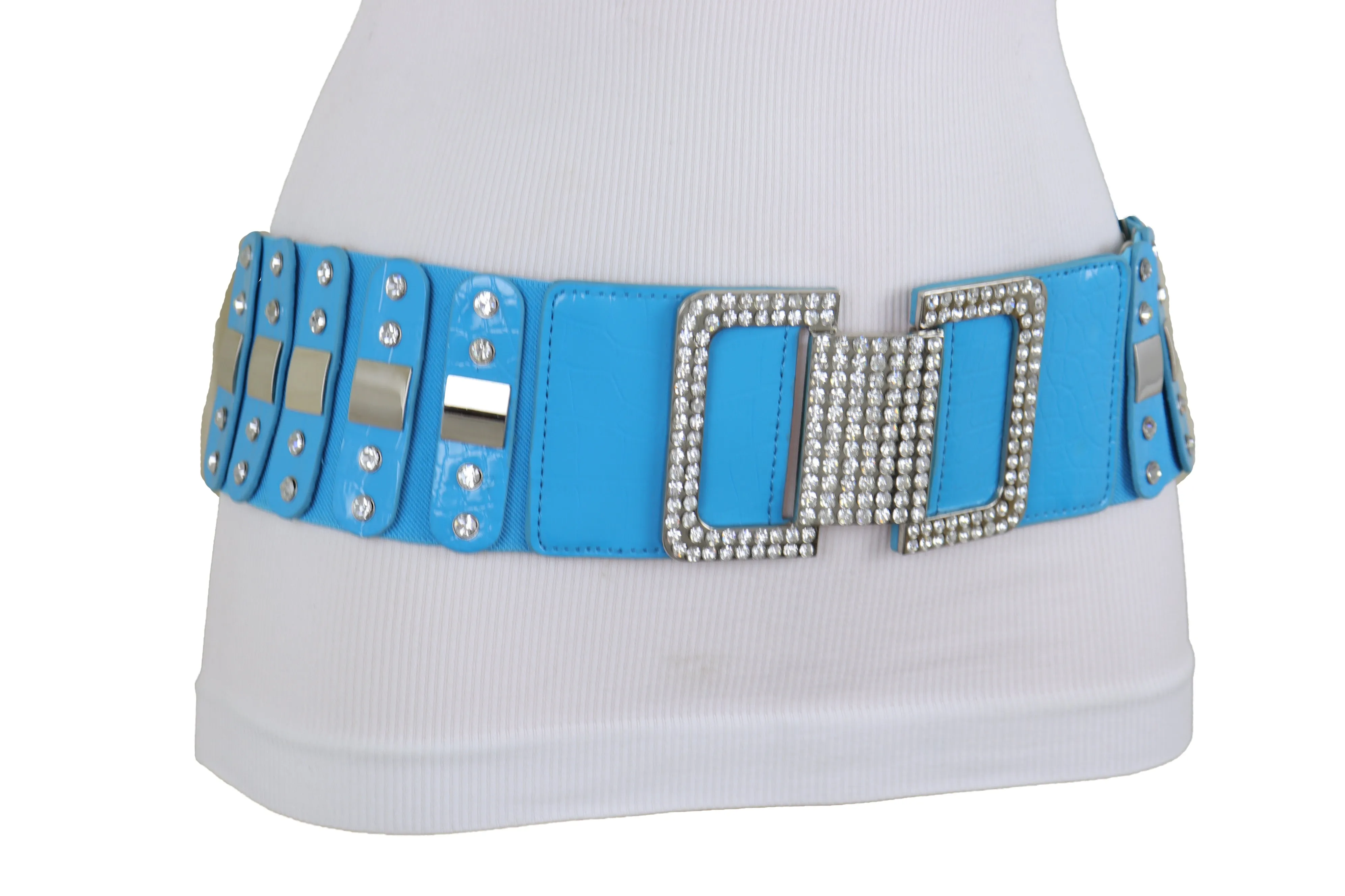 Blue Elastic Waistband Fashion Silver Metal Square Buckle Belt M L