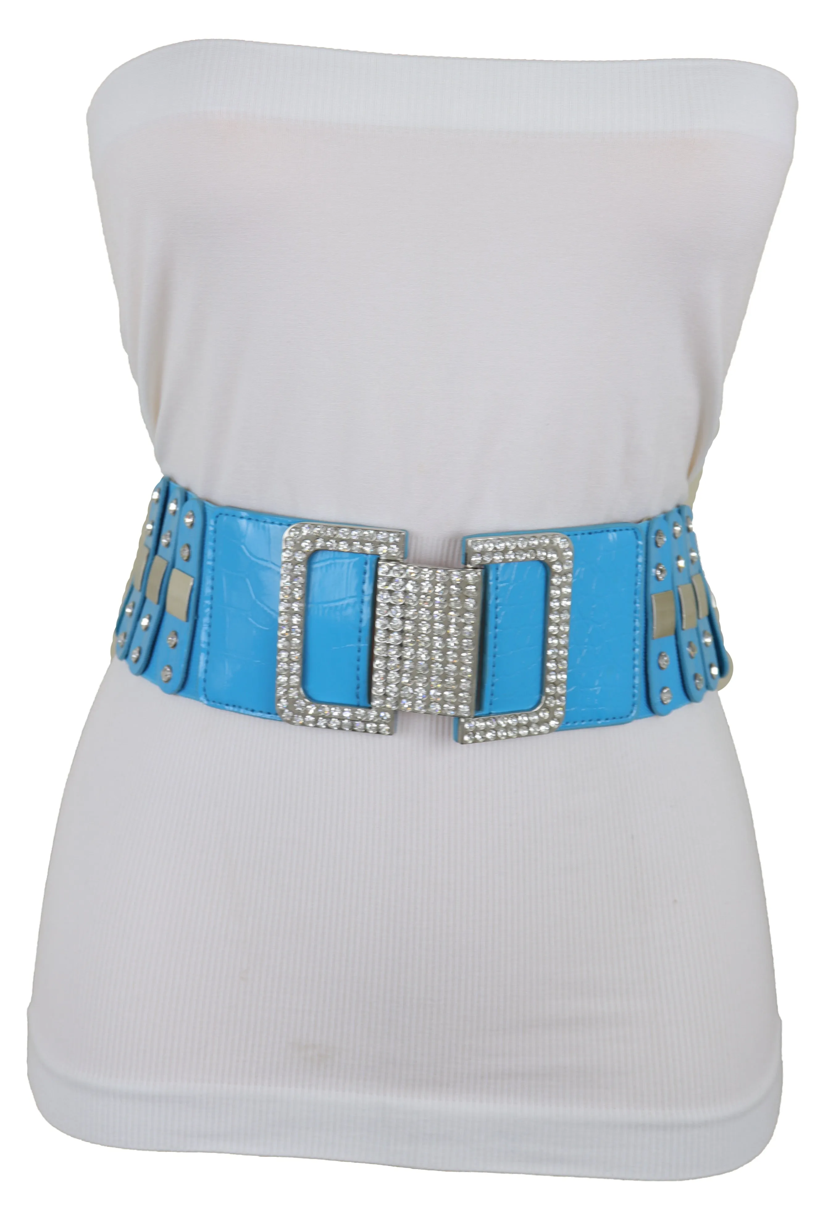 Blue Elastic Waistband Fashion Silver Metal Square Buckle Belt M L