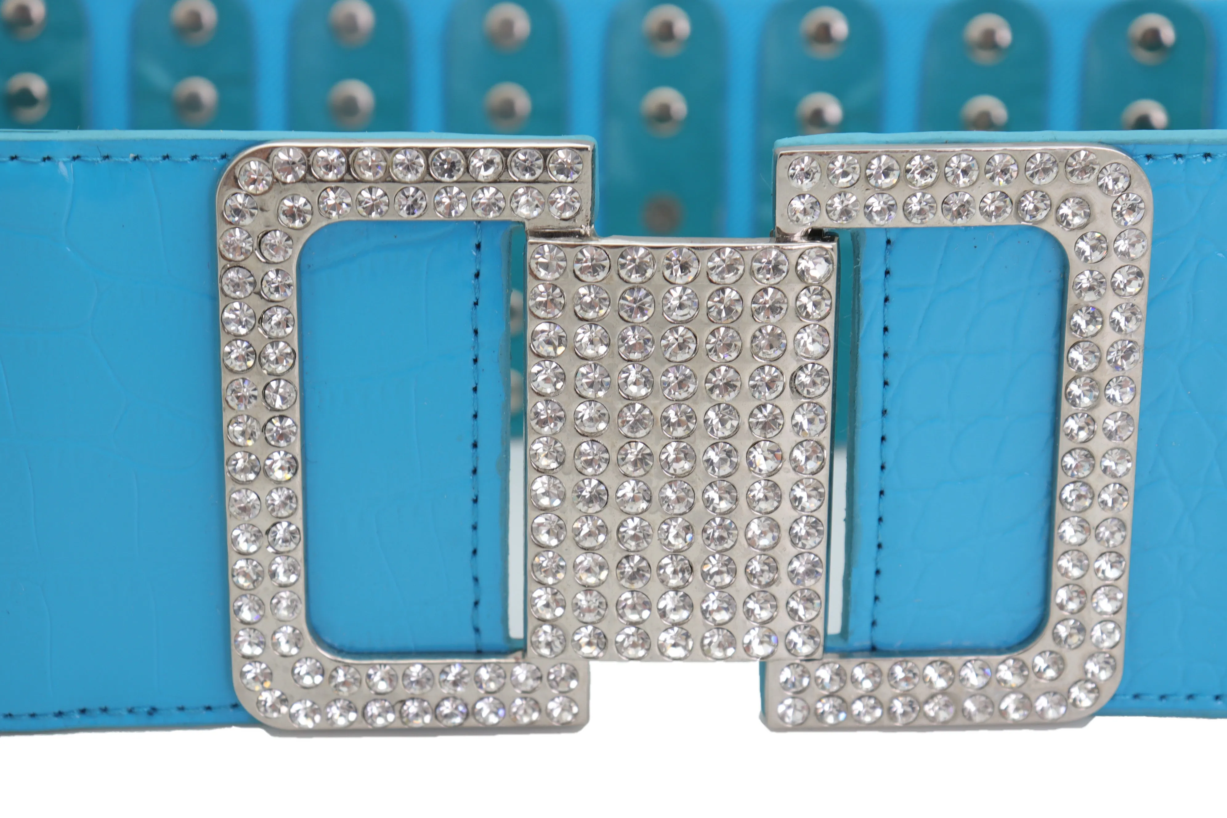Blue Elastic Waistband Fashion Silver Metal Square Buckle Belt M L