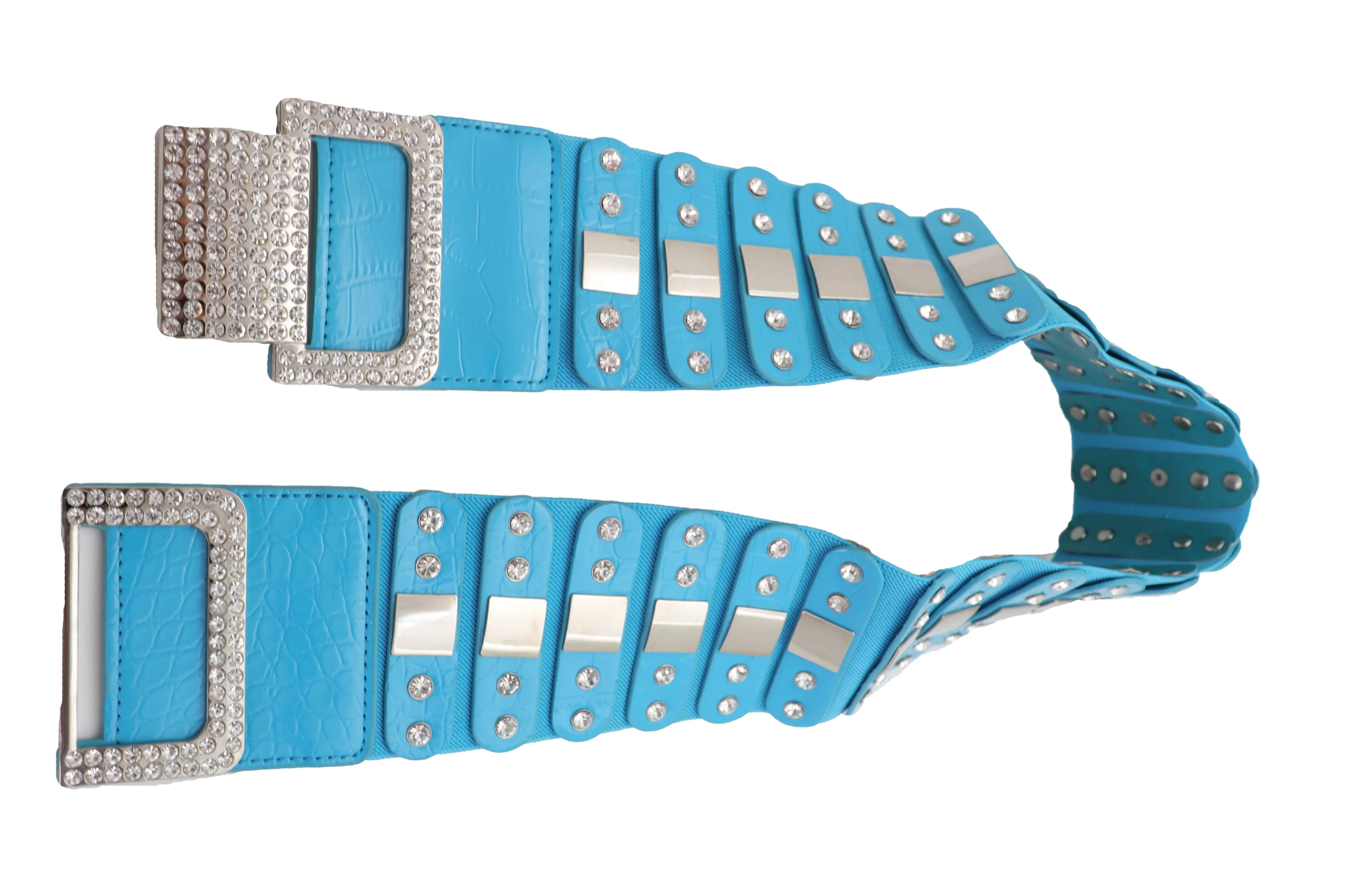 Blue Elastic Waistband Fashion Silver Metal Square Buckle Belt M L