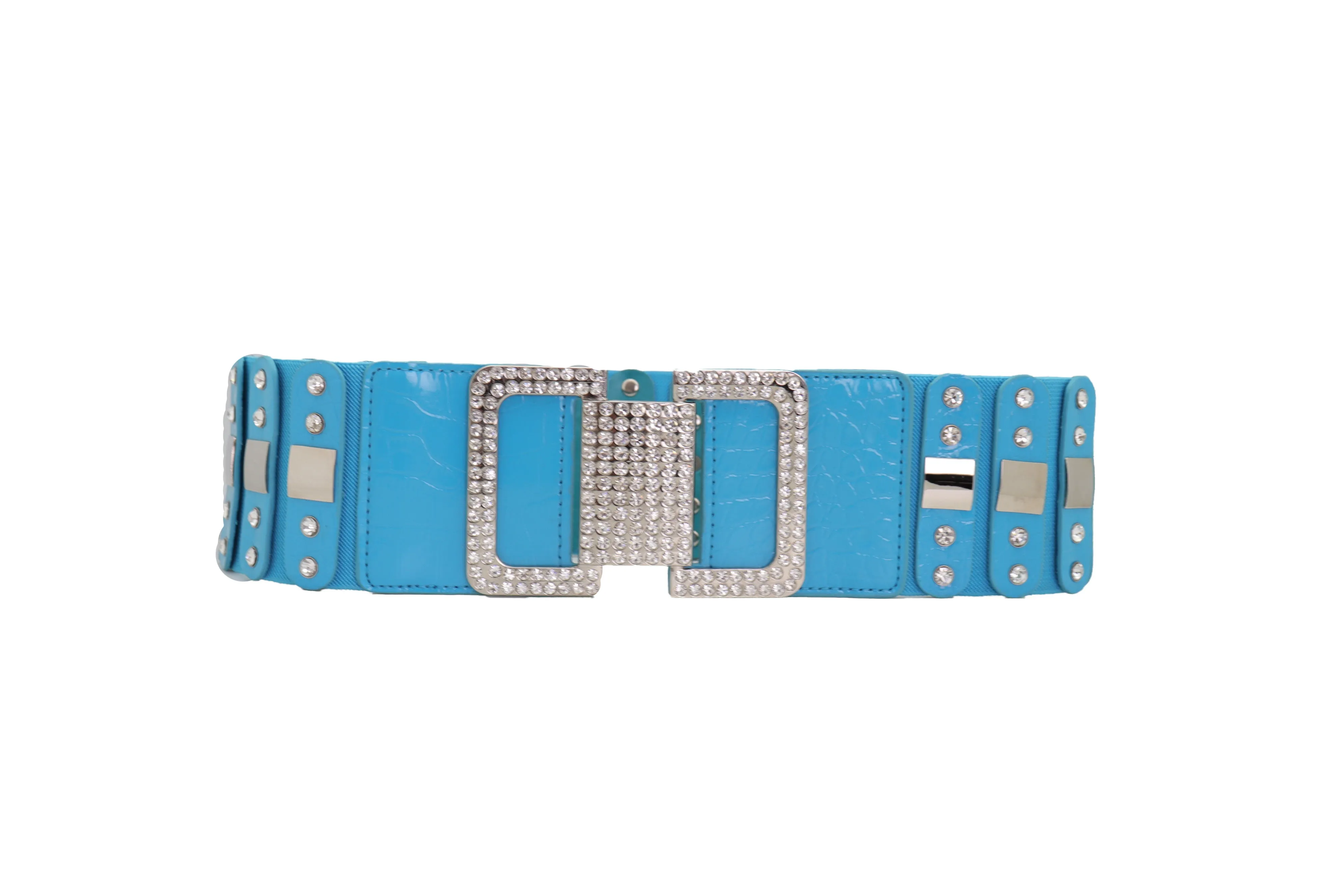 Blue Elastic Waistband Fashion Silver Metal Square Buckle Belt M L