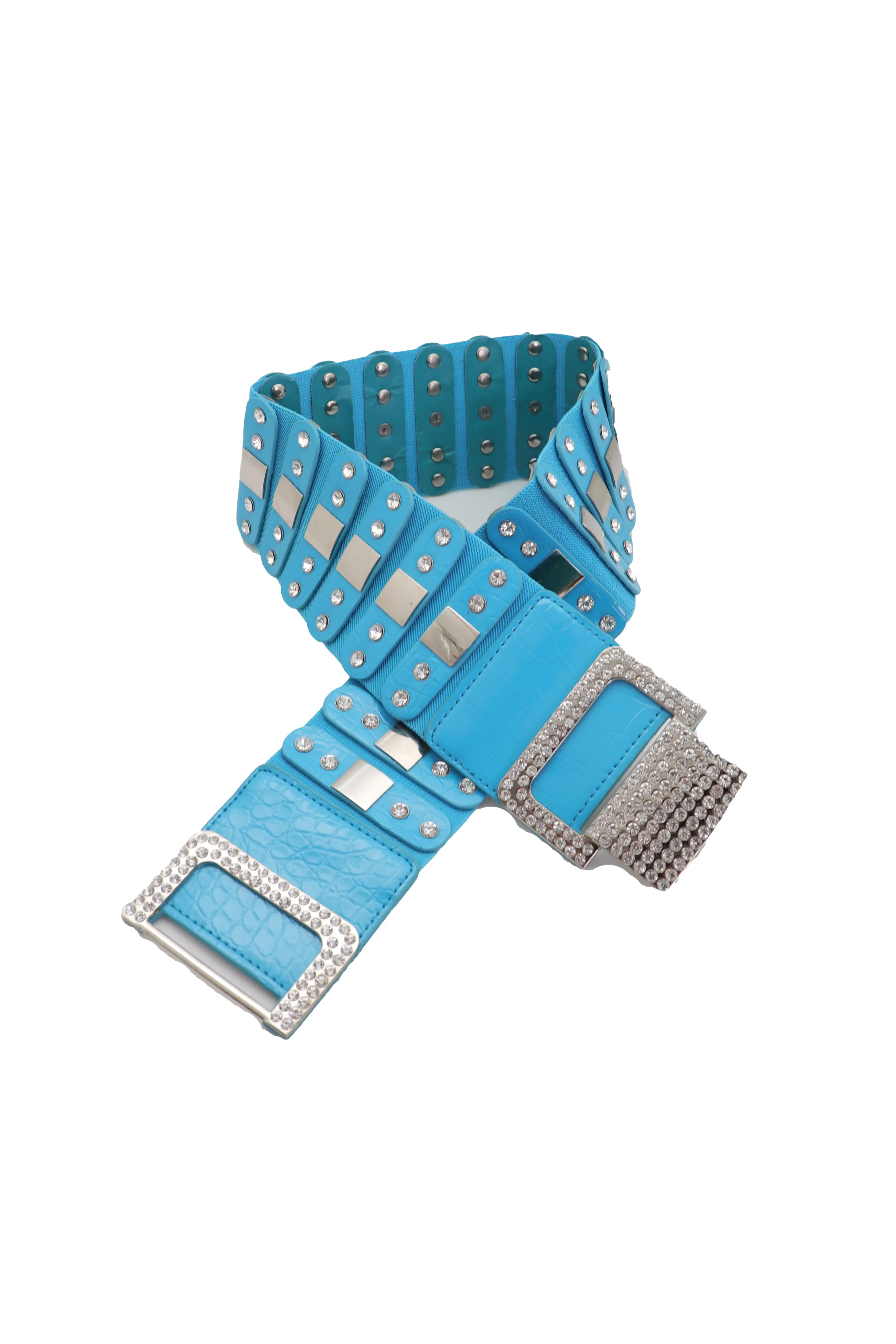 Blue Elastic Waistband Fashion Silver Metal Square Buckle Belt M L