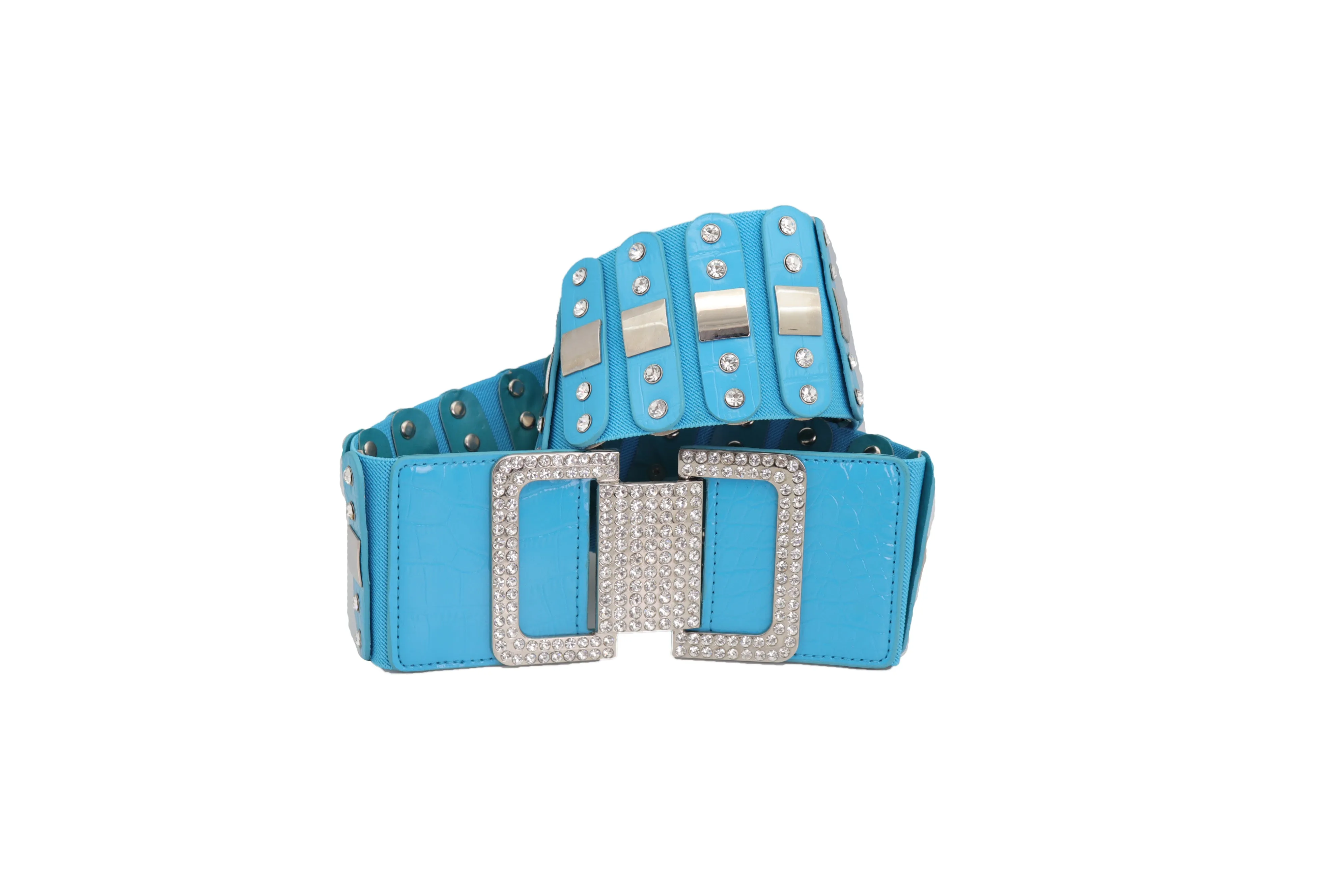 Blue Elastic Waistband Fashion Silver Metal Square Buckle Belt M L
