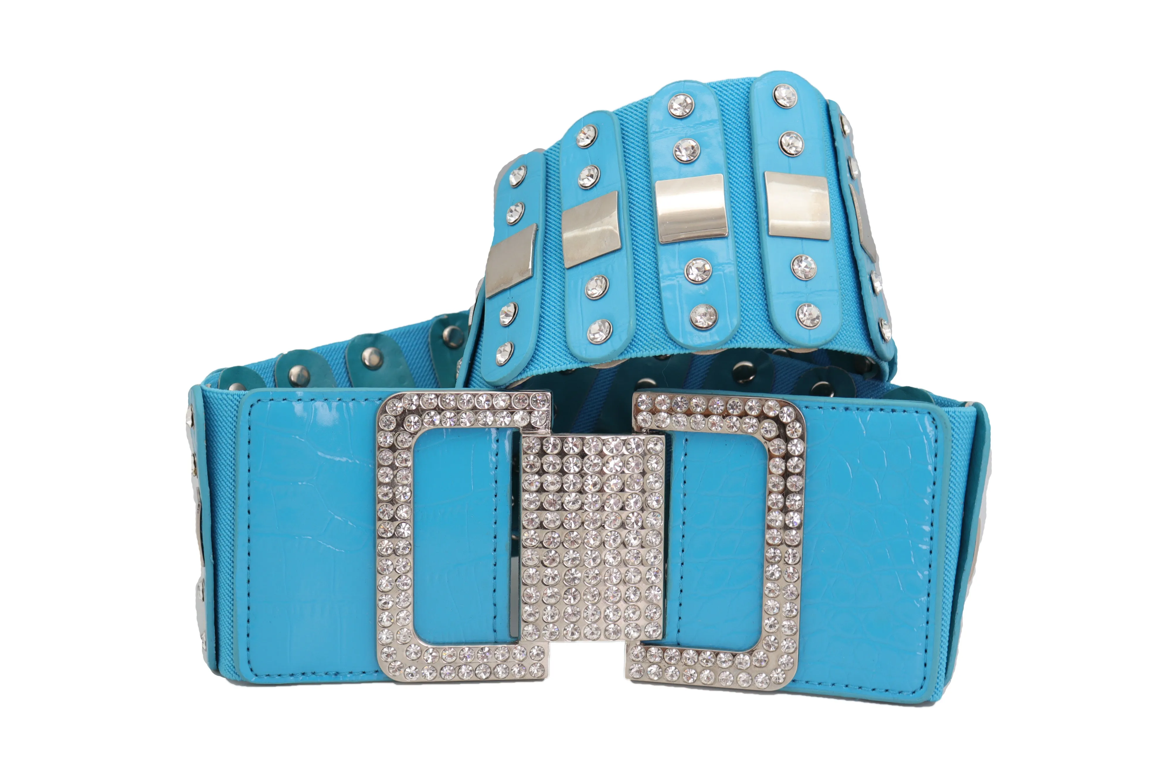 Blue Elastic Waistband Fashion Silver Metal Square Buckle Belt M L