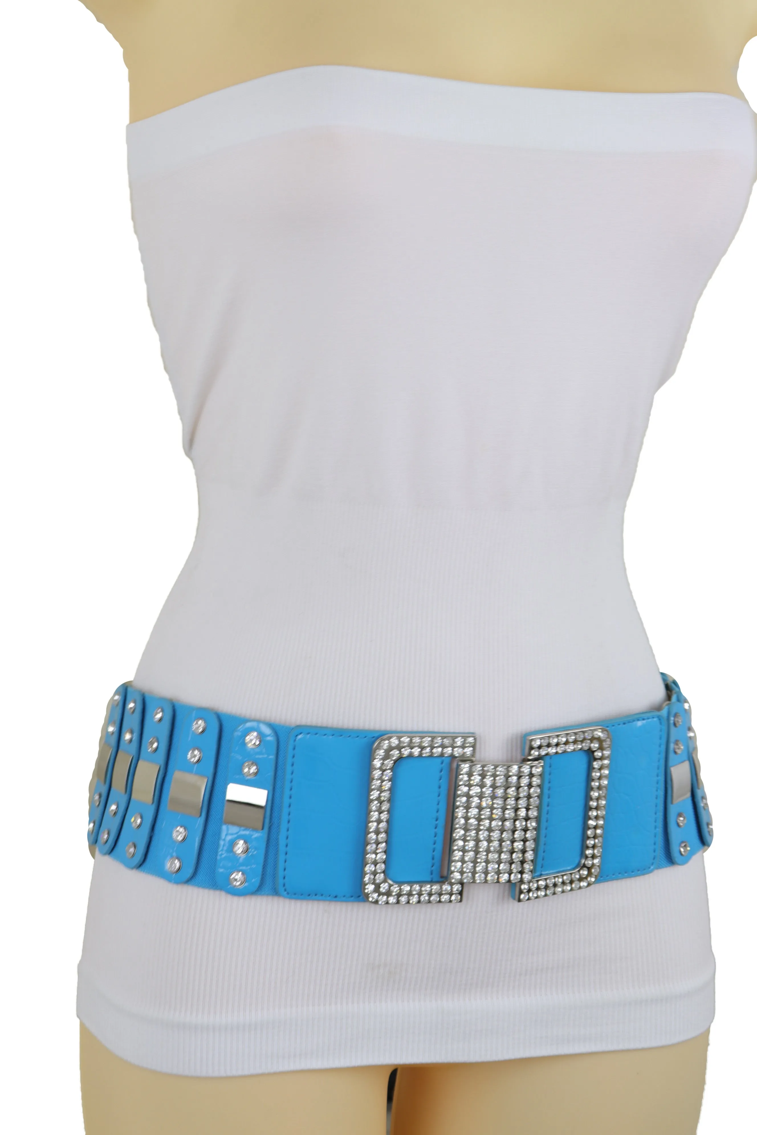 Blue Elastic Waistband Fashion Silver Metal Square Buckle Belt M L