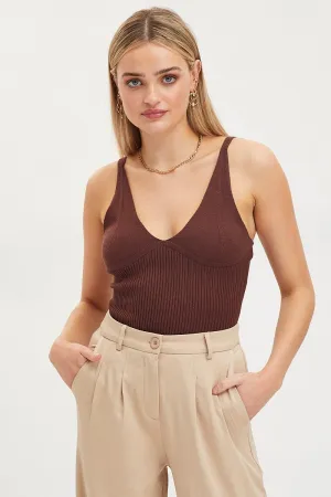 Brown Knit Top Sleeveless V-Neck Bodysuit