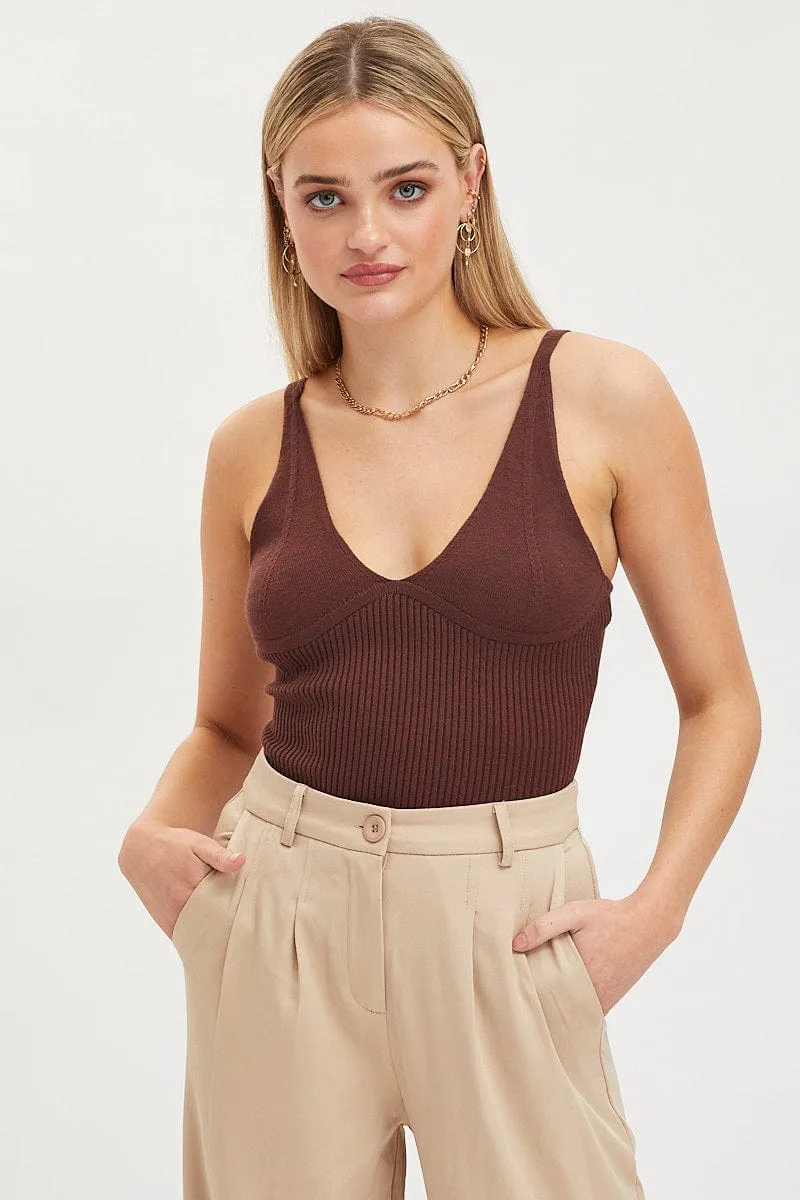 Brown Knit Top Sleeveless V-Neck Bodysuit