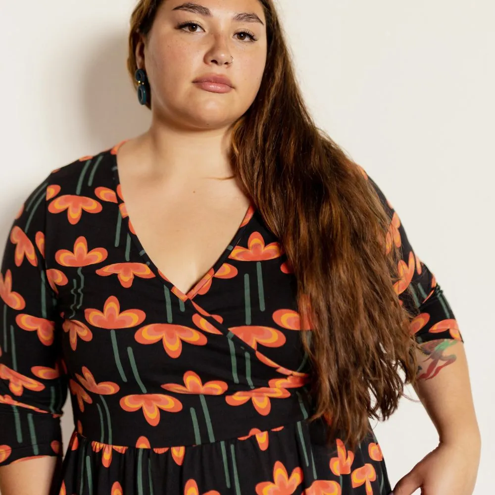 Callie 3/4 Sleeve Plus Size Wrap Dress Mod Daisy Poppy