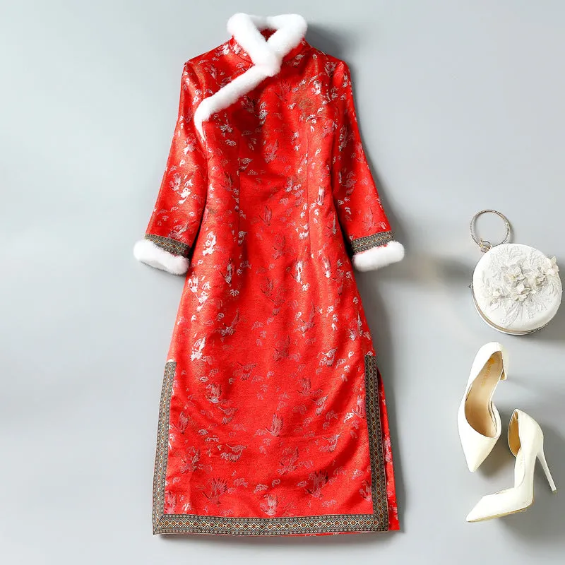 Crane Pattern Brocade Fur Edge Traditional Cheongsam Wadded Chinese Dress