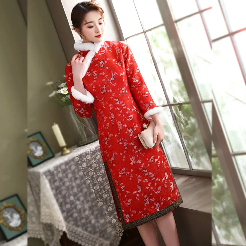 Crane Pattern Brocade Fur Edge Traditional Cheongsam Wadded Chinese Dress