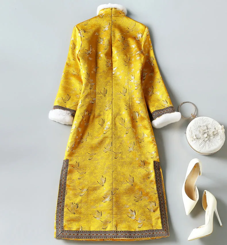 Crane Pattern Brocade Fur Edge Traditional Cheongsam Wadded Chinese Dress