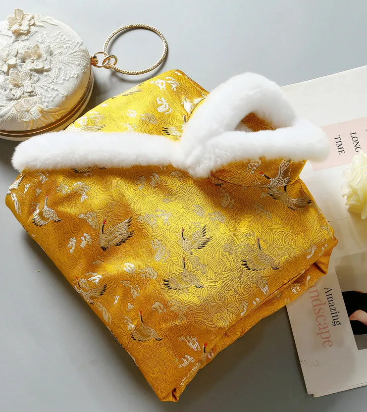Crane Pattern Brocade Fur Edge Traditional Cheongsam Wadded Chinese Dress