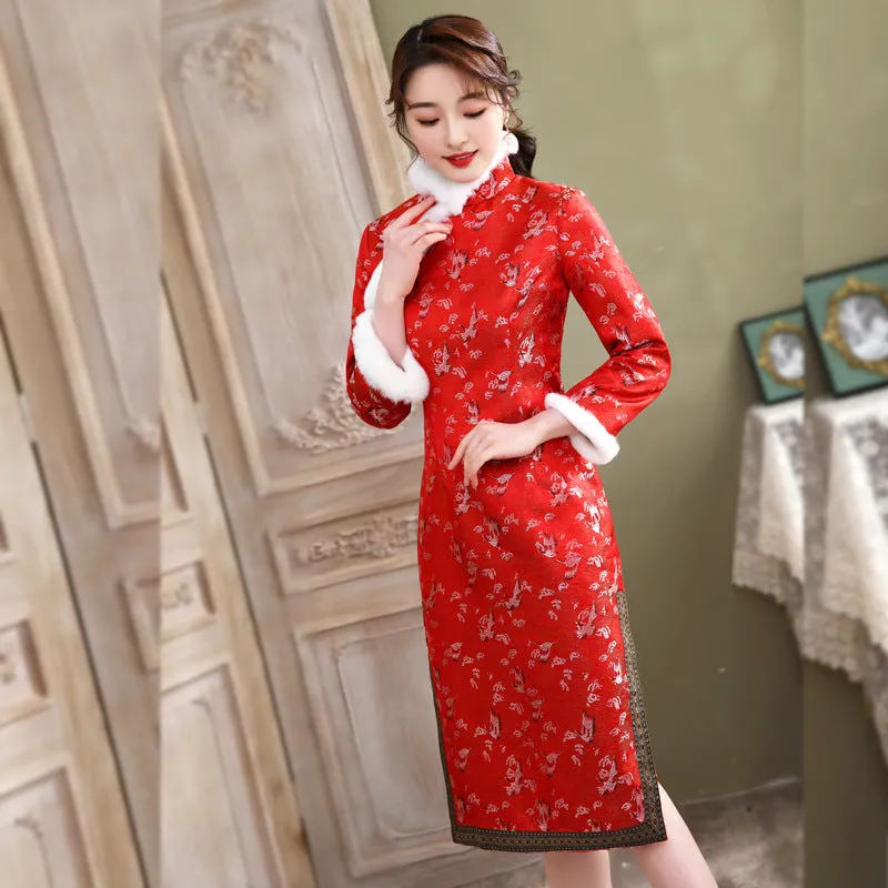 Crane Pattern Brocade Fur Edge Traditional Cheongsam Wadded Chinese Dress