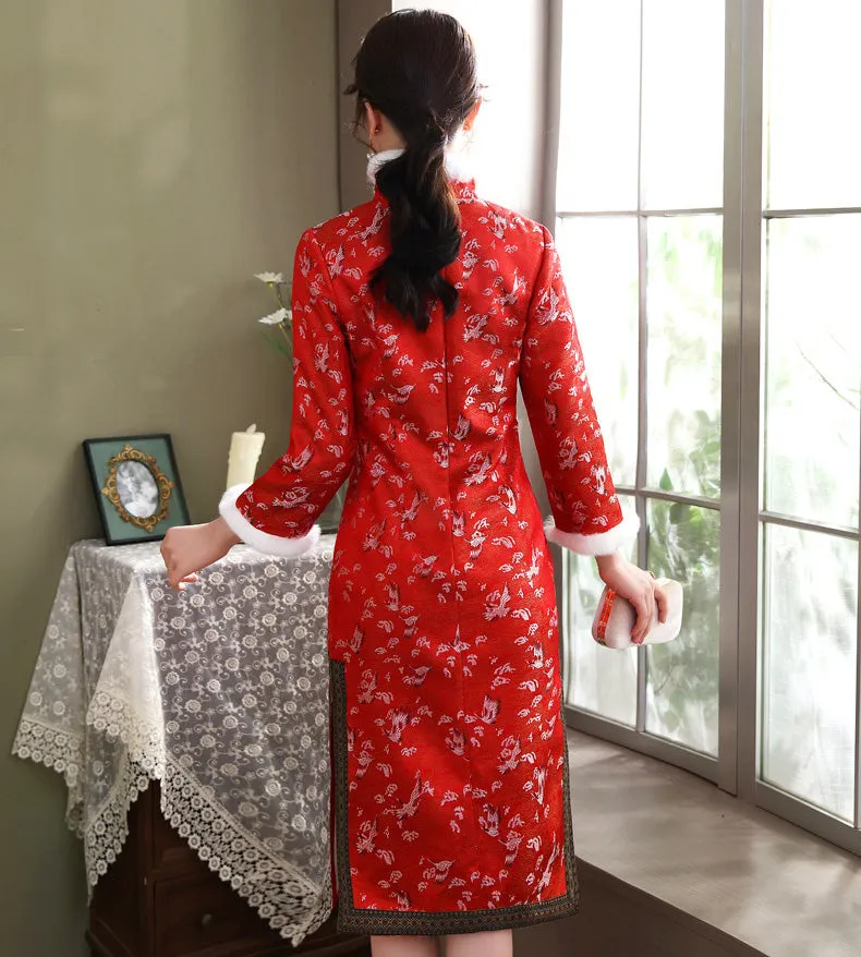 Crane Pattern Brocade Fur Edge Traditional Cheongsam Wadded Chinese Dress