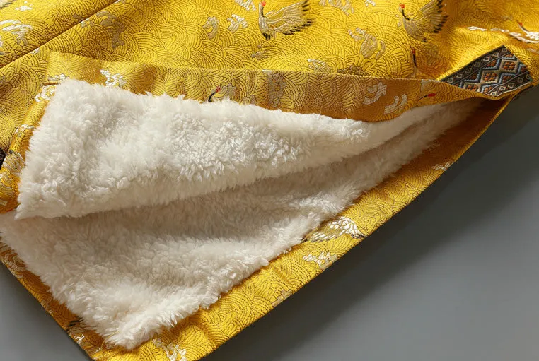 Crane Pattern Brocade Fur Edge Traditional Cheongsam Wadded Chinese Dress