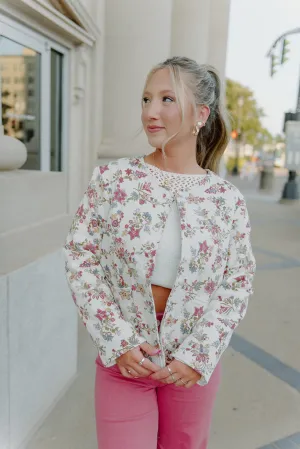 Cream Floral Print Quilted Jacket