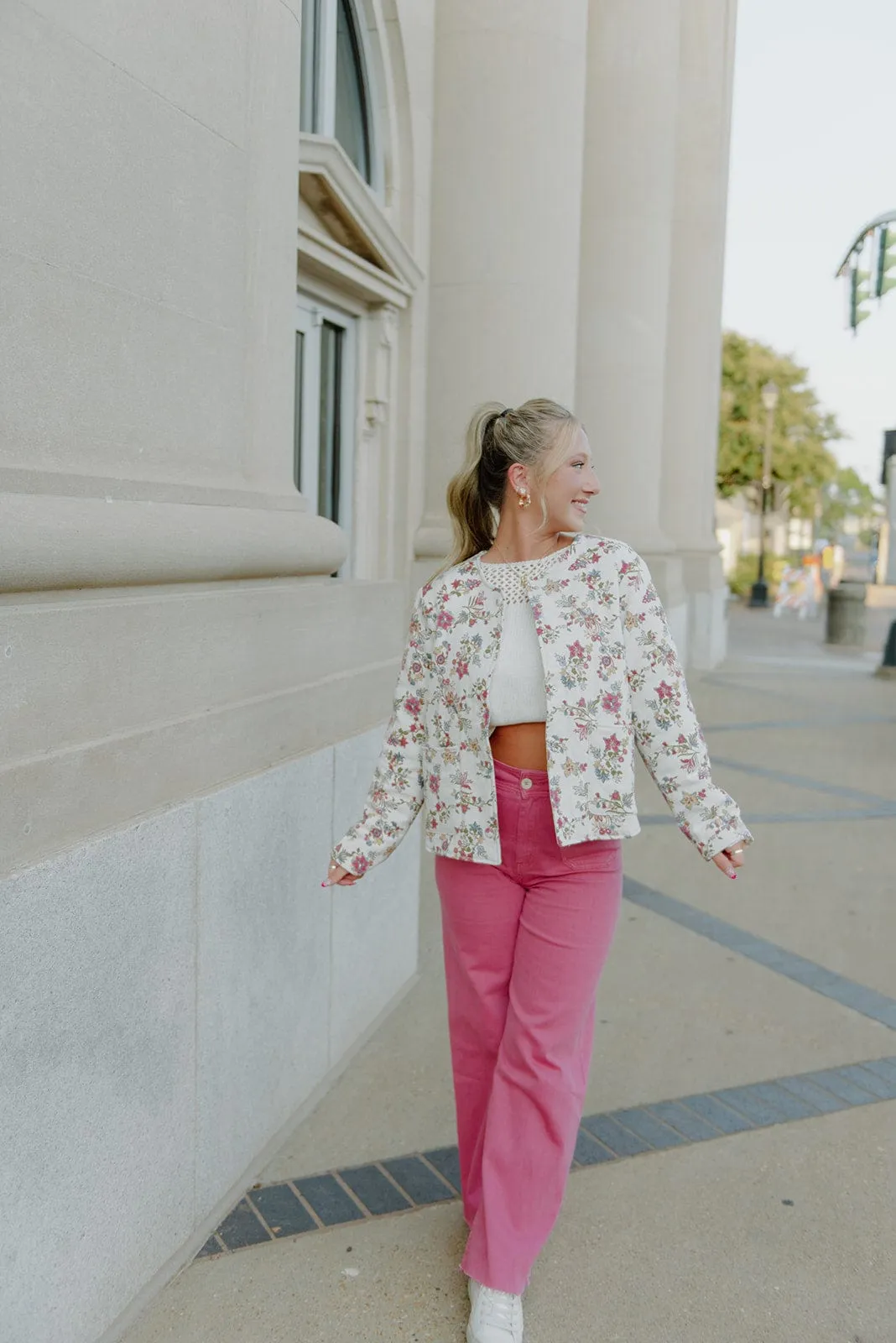 Cream Floral Print Quilted Jacket