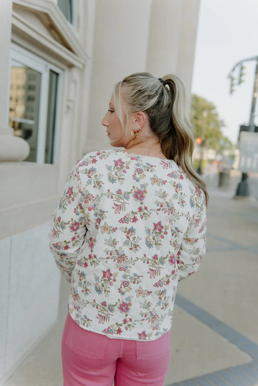 Cream Floral Print Quilted Jacket