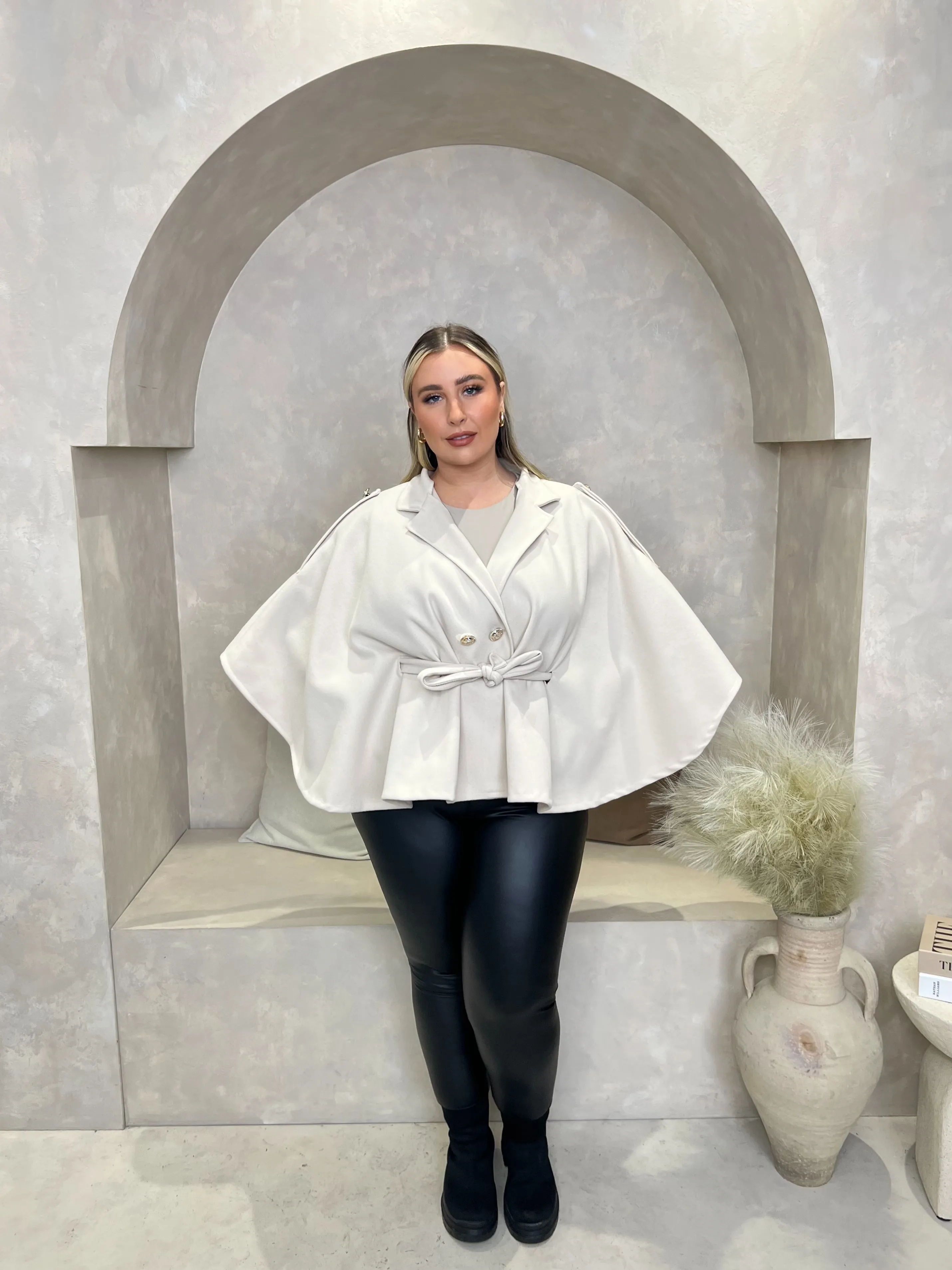 Curve Beige Tie Belt Shoulder Detail Cape