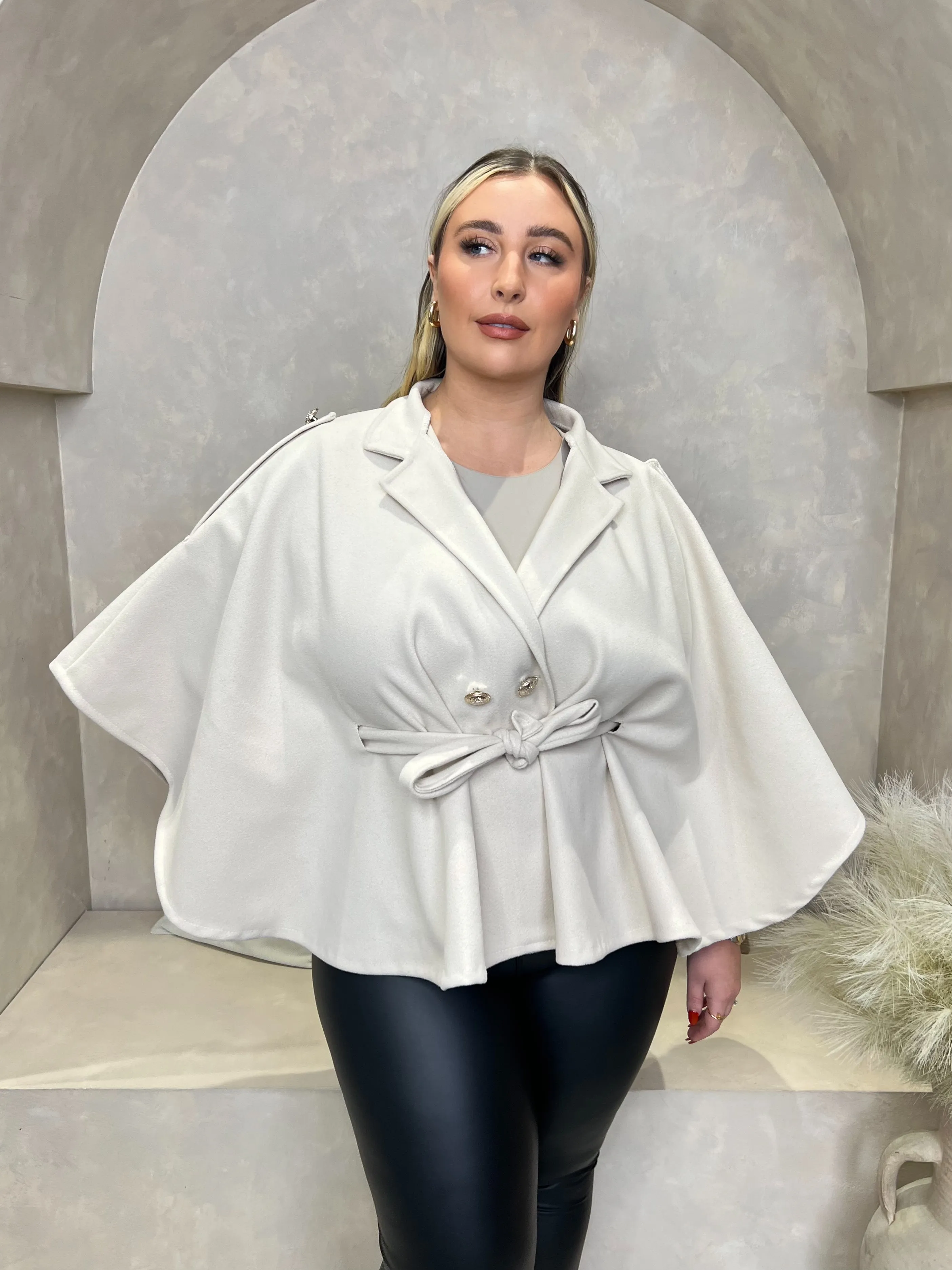 Curve Beige Tie Belt Shoulder Detail Cape
