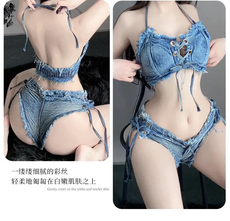 Denim Bikini Lingerie Set - Edgy Triangle Bra & Thong