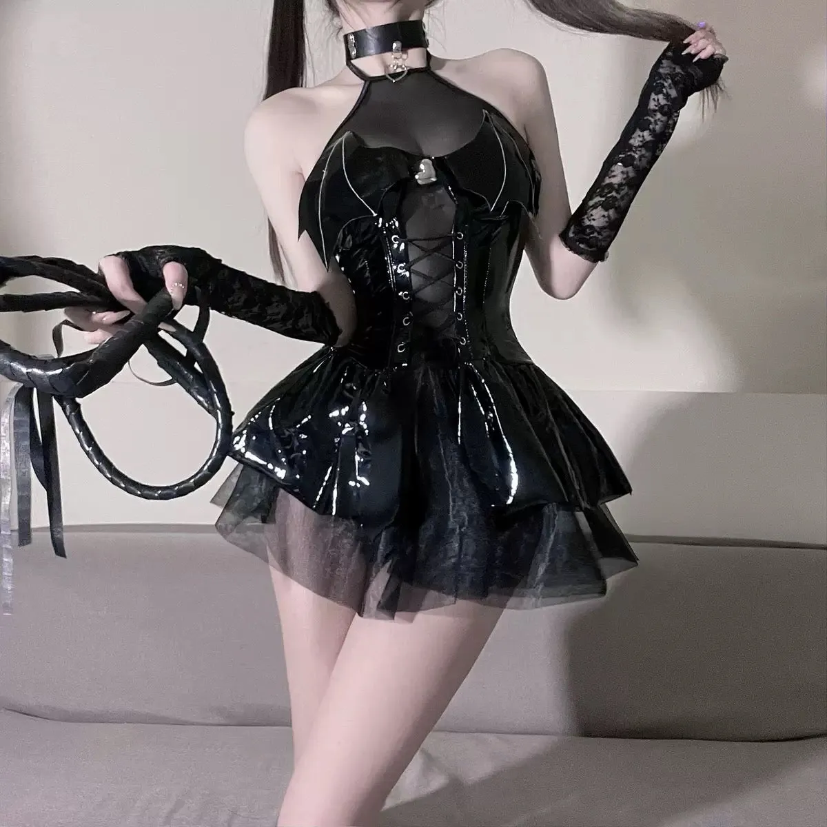 Devilish Patent Leather Mini Dress - Edgy Fetish-Inspired Outfit