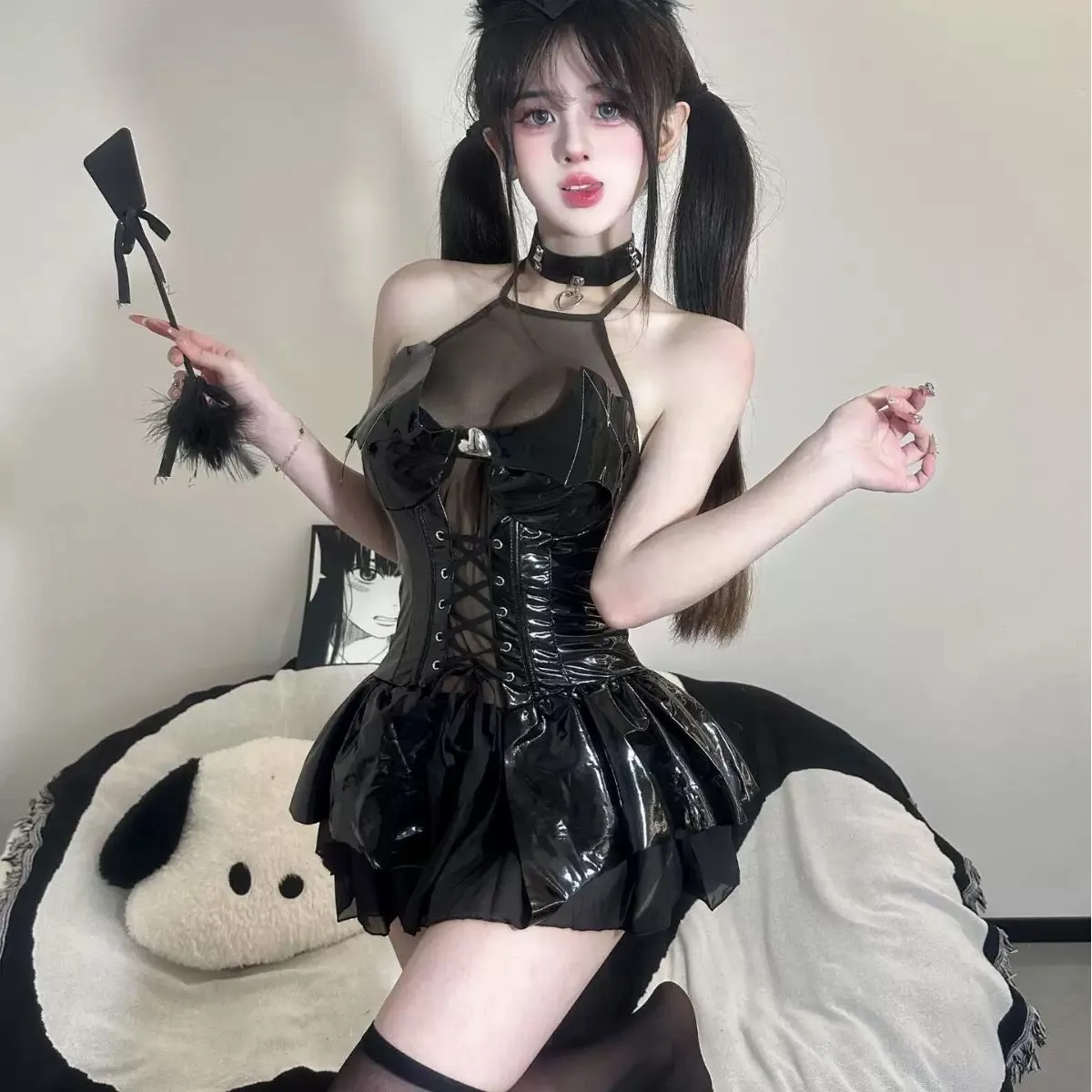 Devilish Patent Leather Mini Dress - Edgy Fetish-Inspired Outfit