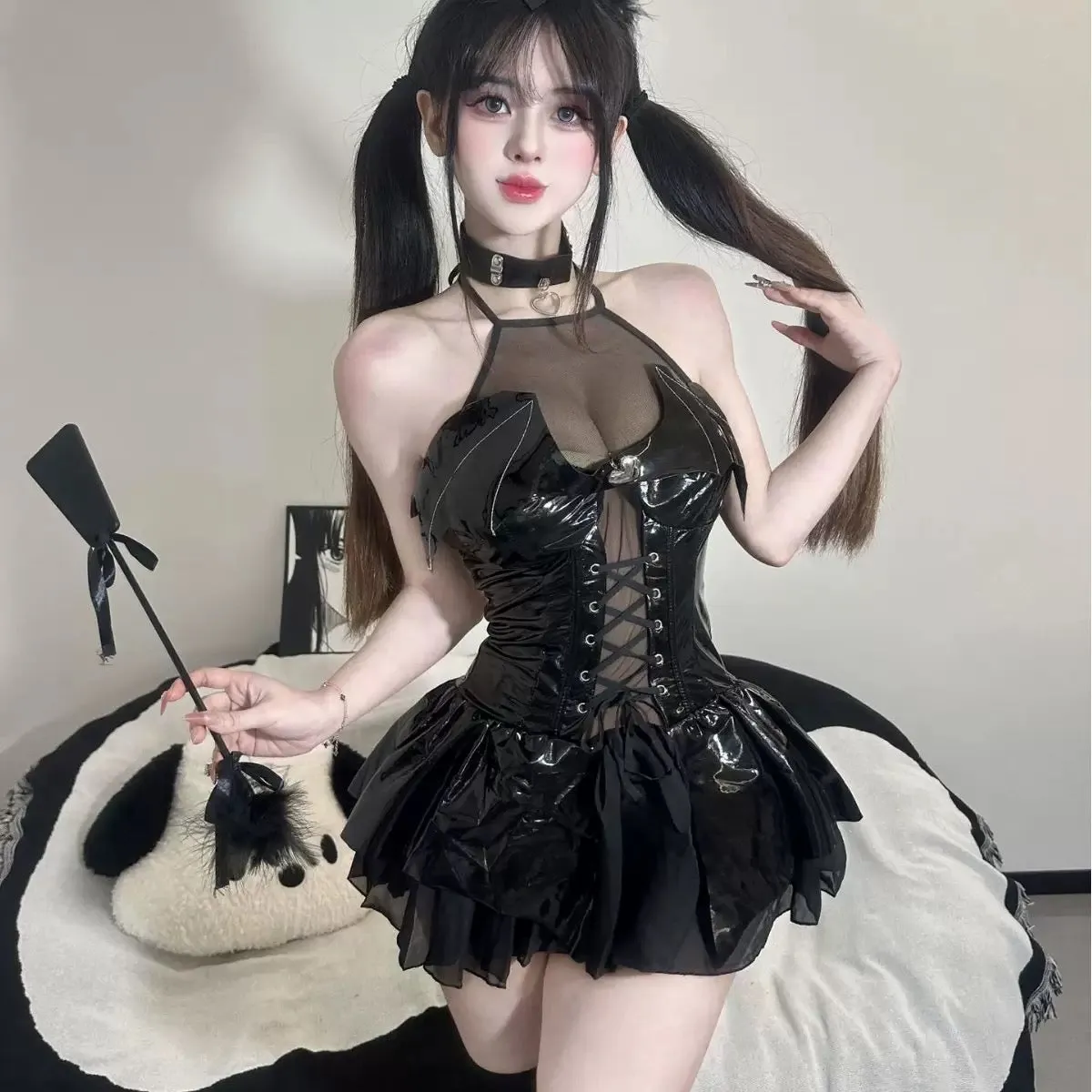 Devilish Patent Leather Mini Dress - Edgy Fetish-Inspired Outfit