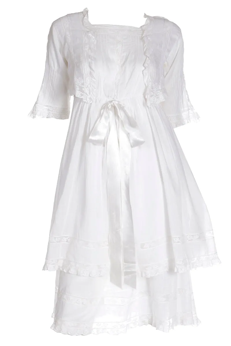 Edwardian White Tiered Vintage Lawn Dress w/ Lace & Satin Ribbon