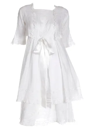 Edwardian White Tiered Vintage Lawn Dress w/ Lace & Satin Ribbon